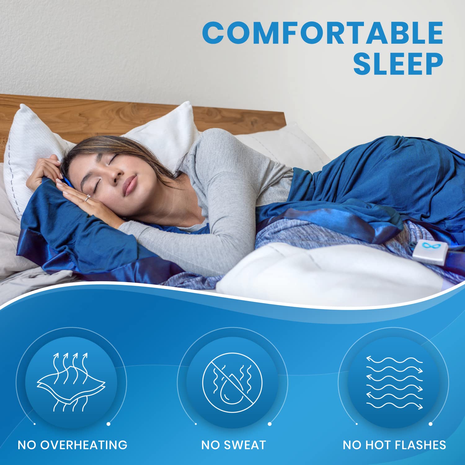 Woman sleeping comfortably with Everlasting Comfort cooling blanket promoting no overheating no sweat no hot flashes