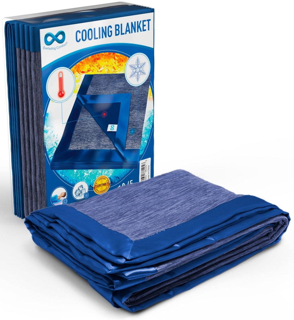 Everlasting Comfort cooling blanket by craques in blue with packaging showing temperature control features