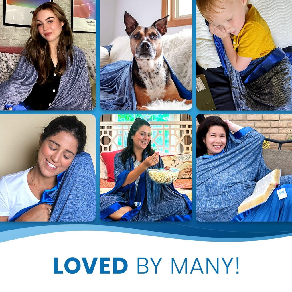 Everlasting Comfort cooling blanket shown being used by different people and a dog for warmth and comfort