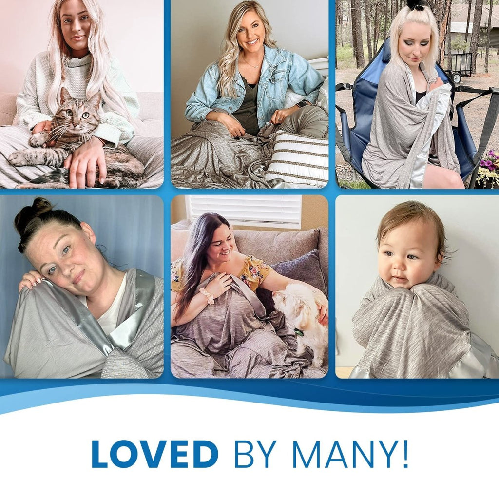 Collage of people and pets using the Everlasting Comfort cooling blanket in various cozy settings