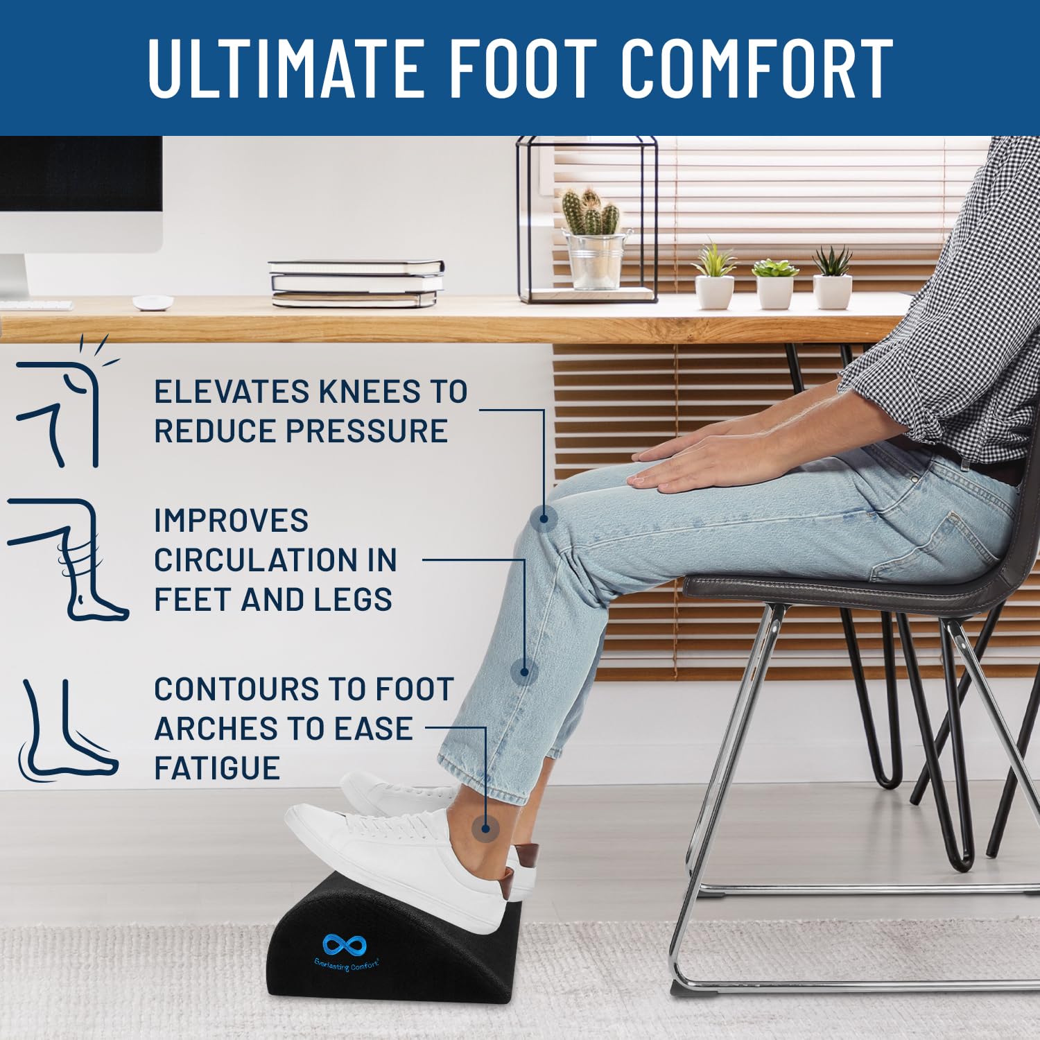 Ergonomic foot rest for office by craques elevating knees and improving circulation under desk