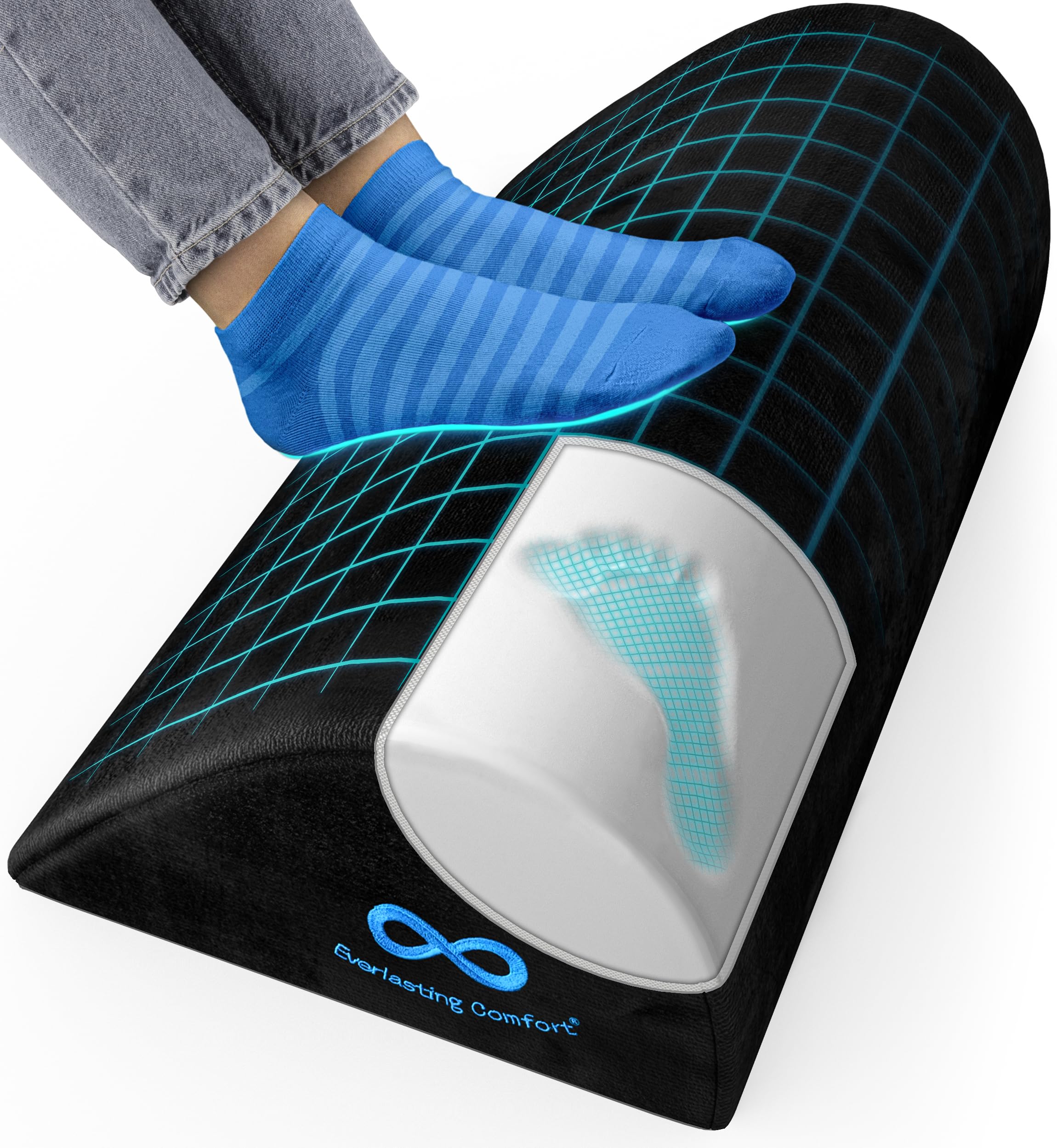 Ergonomic foot rest for office with memory foam support and blue socks on feet