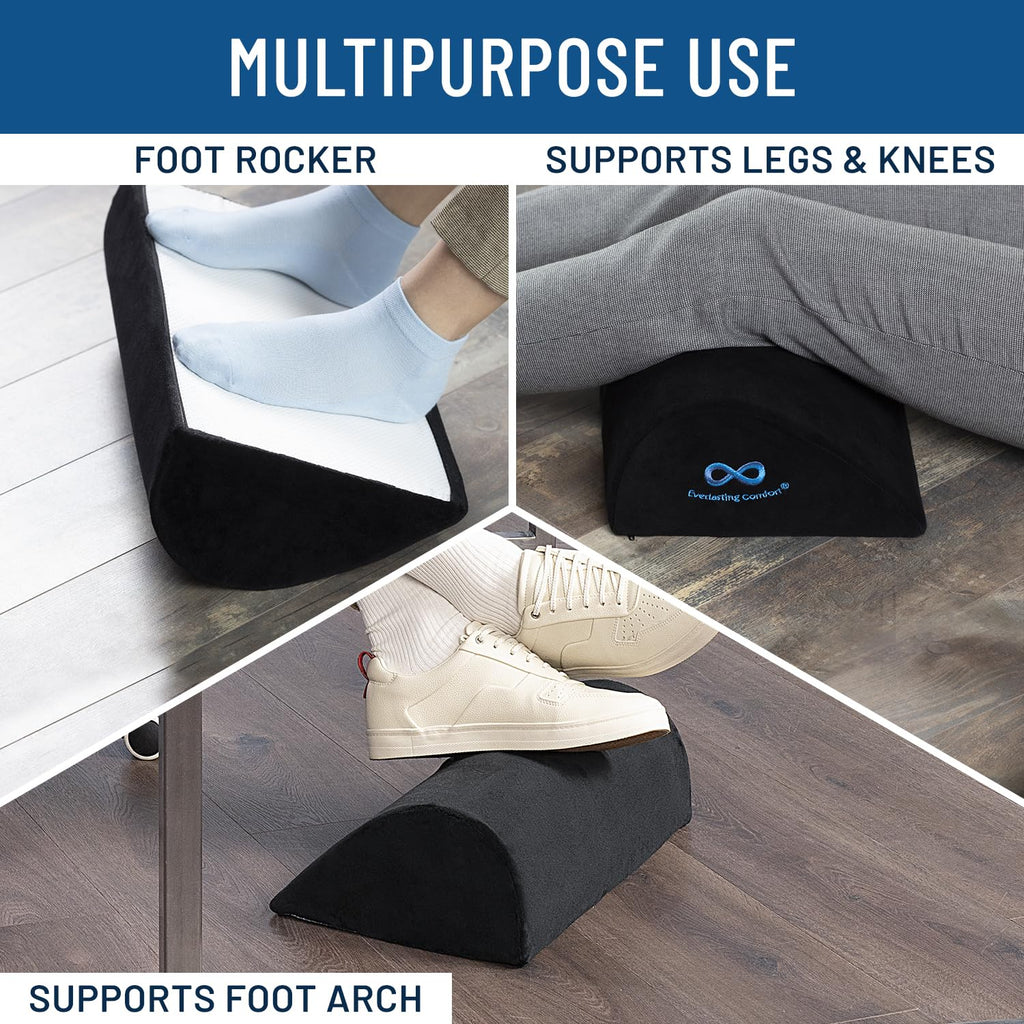 Ergonomic foot rest for office with multipurpose use as foot rocker, leg support, and foot arch support