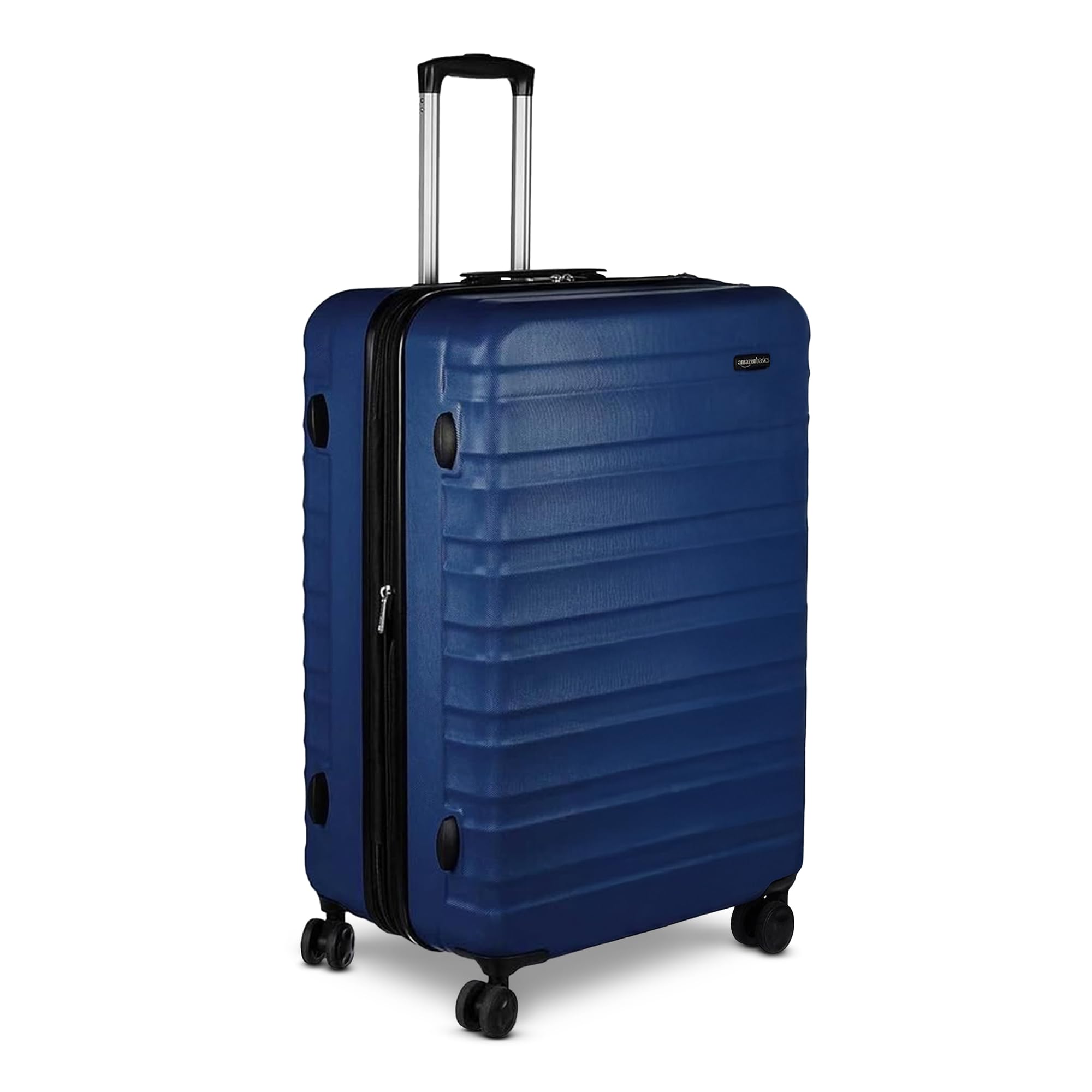 Blue expandable hardshell luggage set with telescoping handle and four spinner wheels