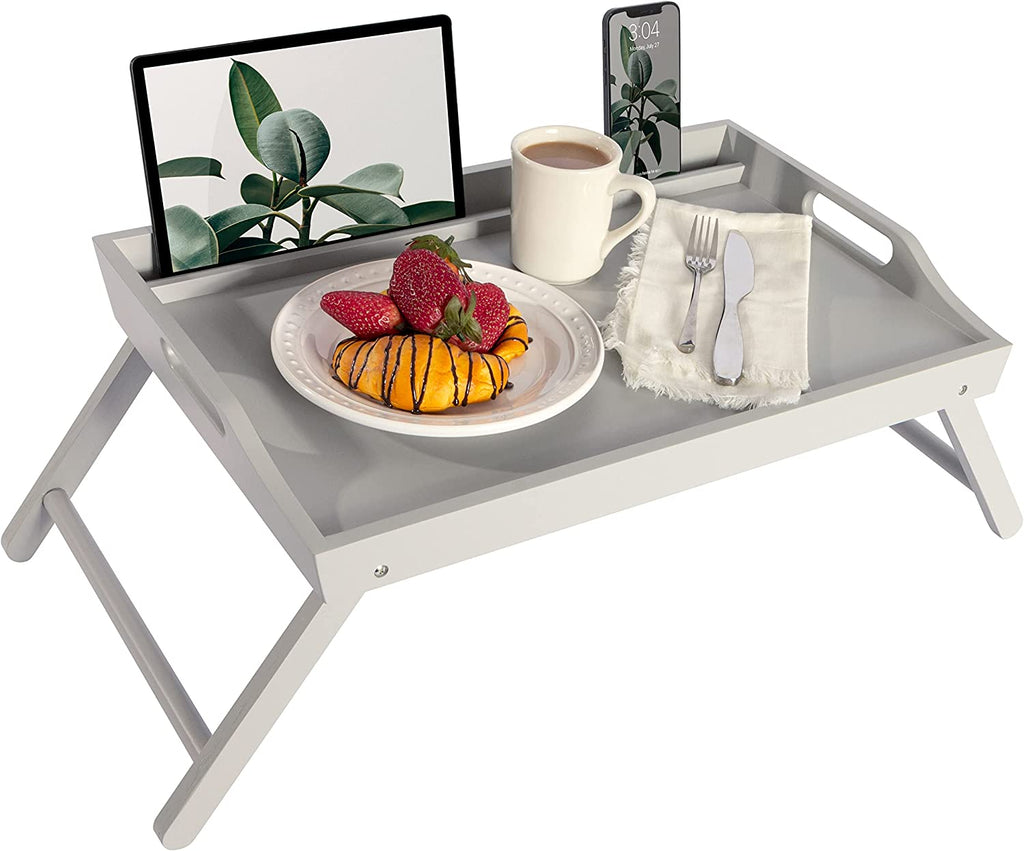 Craques extra large wood bed tray with foldable legs holding breakfast and devices
