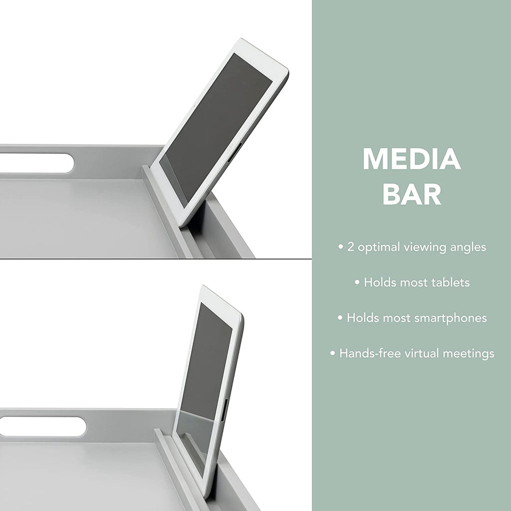 Craques extra large wood bed tray with media bar holding a tablet at two optimal viewing angles