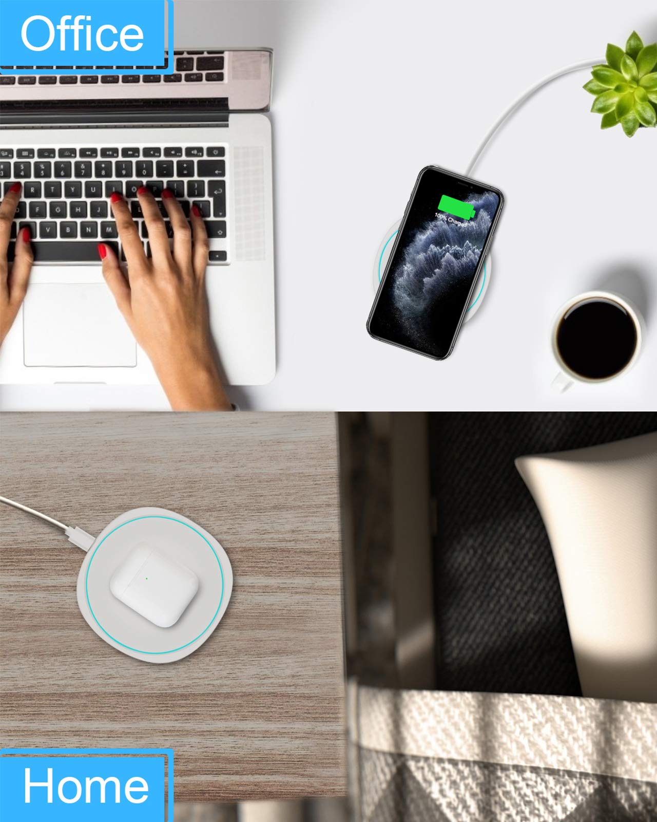 craques fast wireless charger for iPhone shown charging phone and earbuds in office and home settings