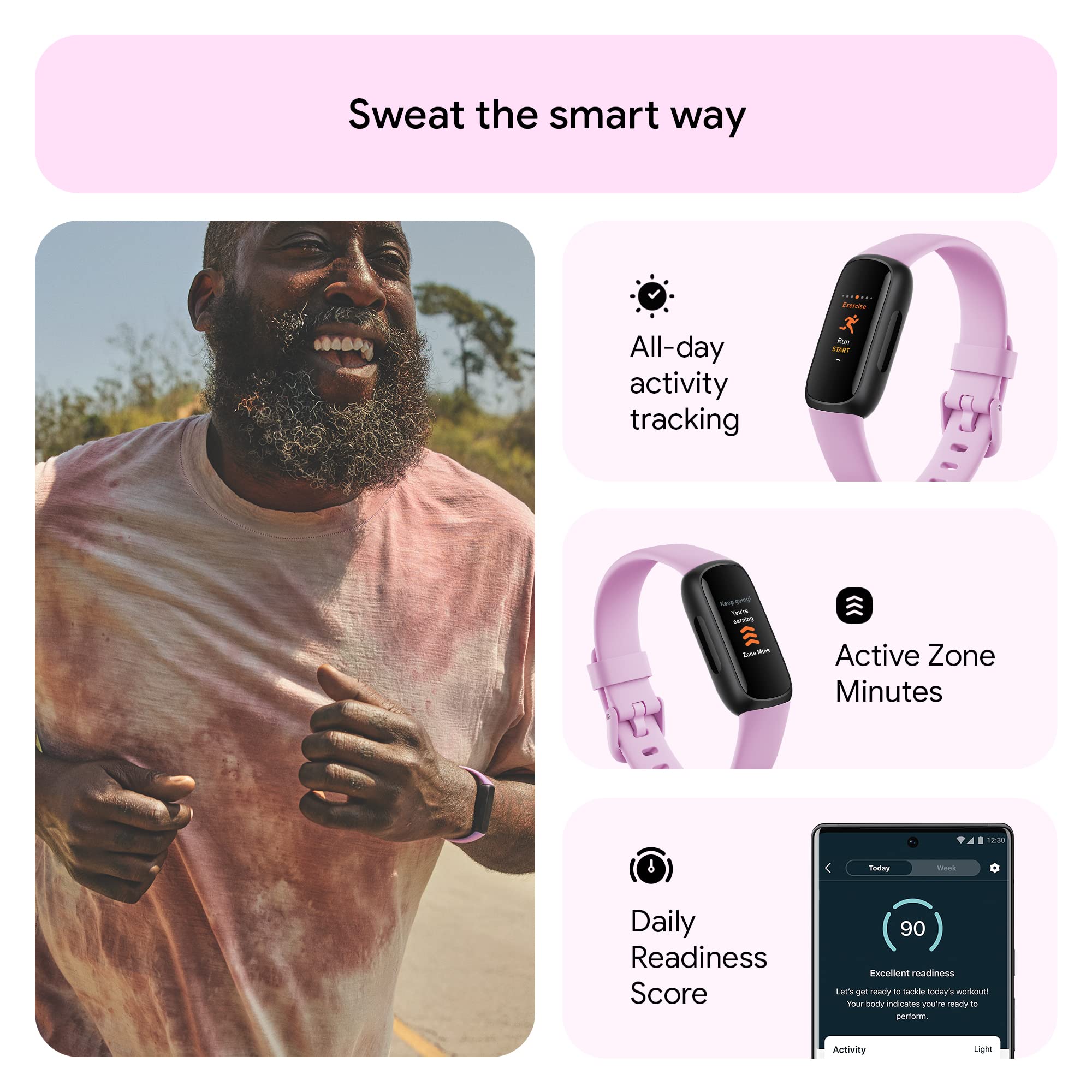 Fitbit Inspire 3 fitness tracker in pink with features like all-day activity tracking and active zone minutes