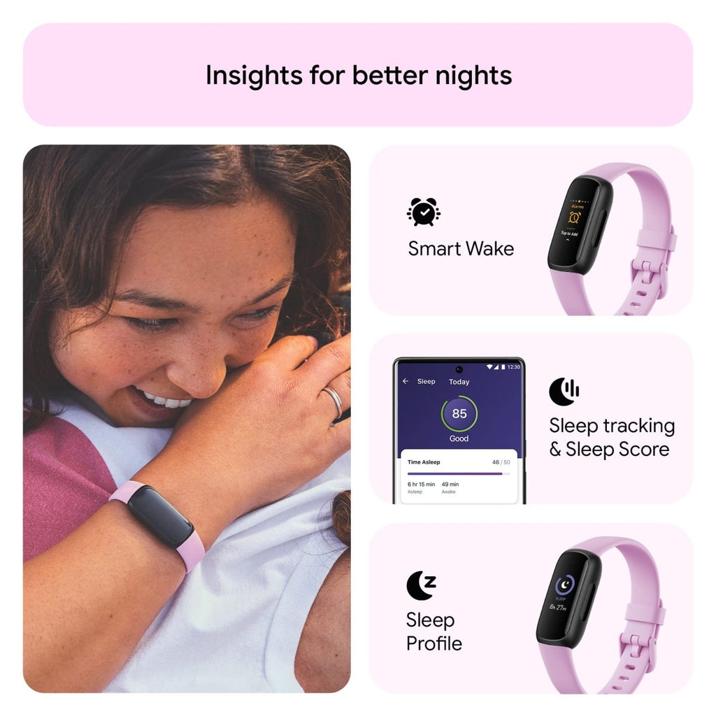 Fitbit Inspire 3 fitness tracker in pink showing sleep tracking, smart wake, and sleep profile features