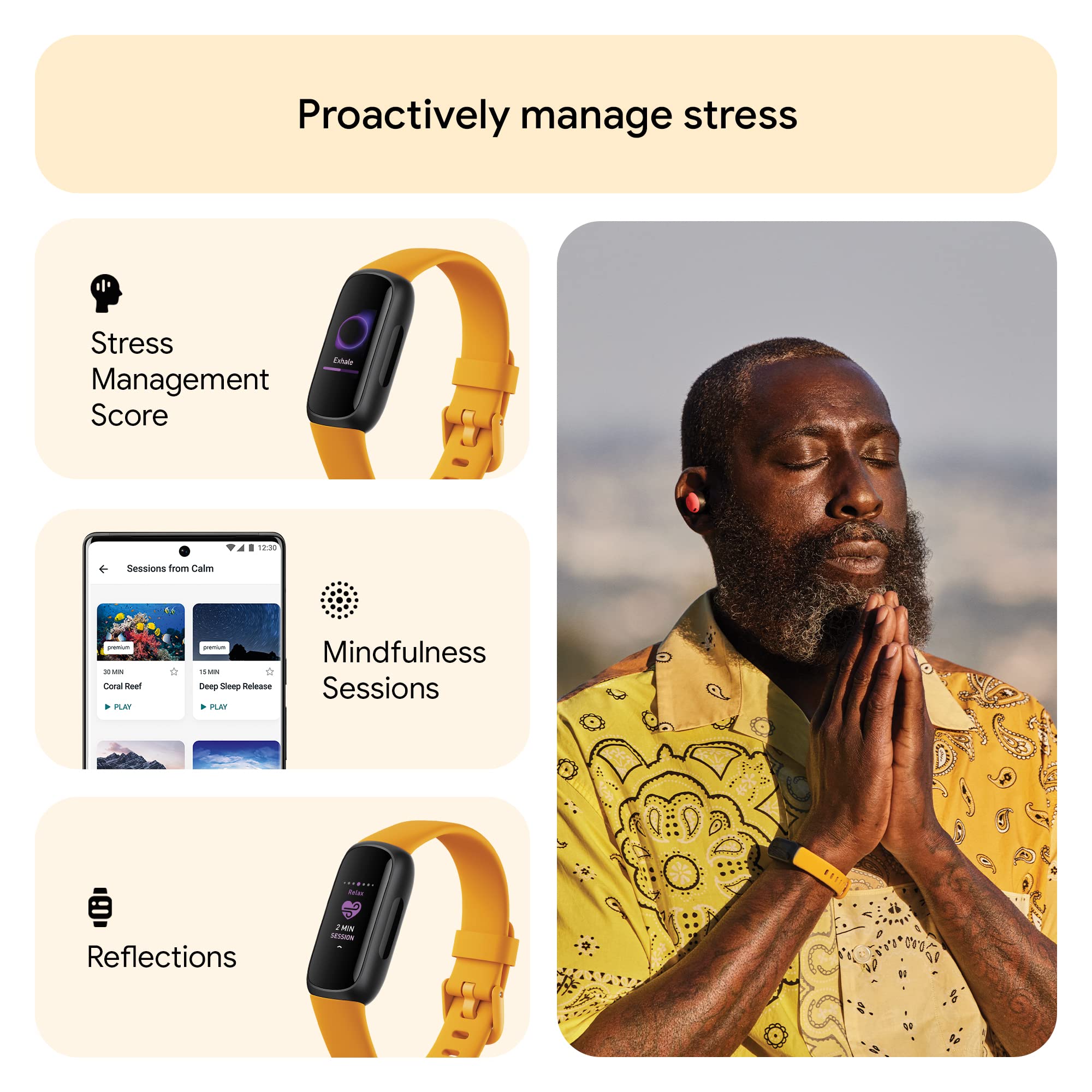 Fitbit Inspire 3 fitness tracker in yellow showing stress management features and a man meditating outdoors