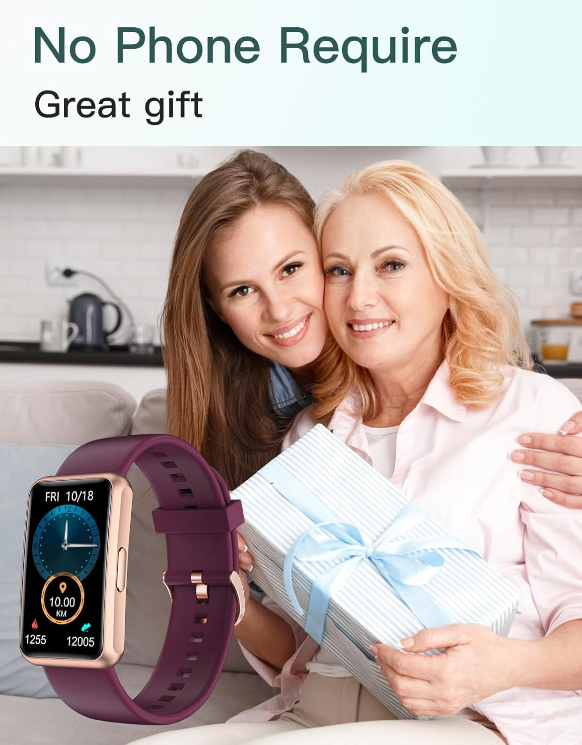 Craques fitness tracker no app needed with purple band shown as a great gift between two smiling women