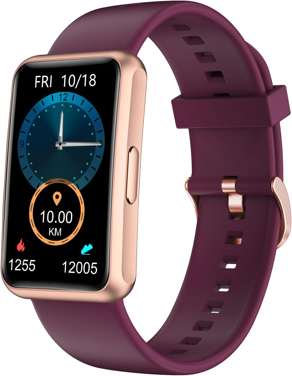Craques fitness tracker no app needed with rose gold case and purple adjustable strap