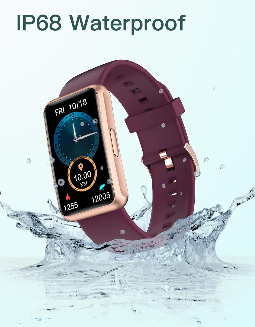 Craques fitness tracker no app needed with IP68 waterproof rating and purple band in water splash