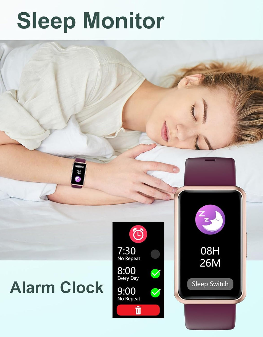 Craques fitness tracker no app needed showing sleep monitor and alarm clock features with purple band