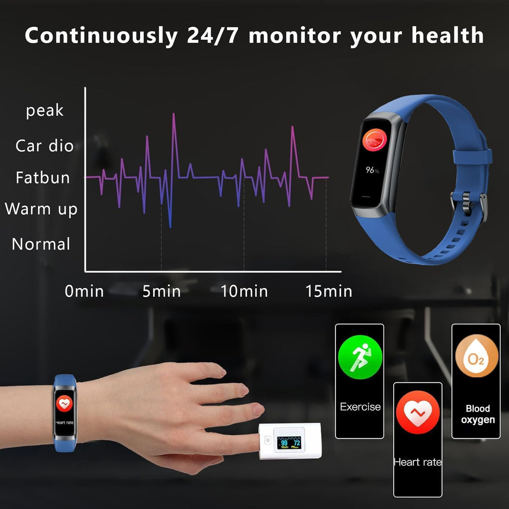Fitness tracker with heart rate and blood pressure monitor in blue showing health stats and exercise tracking