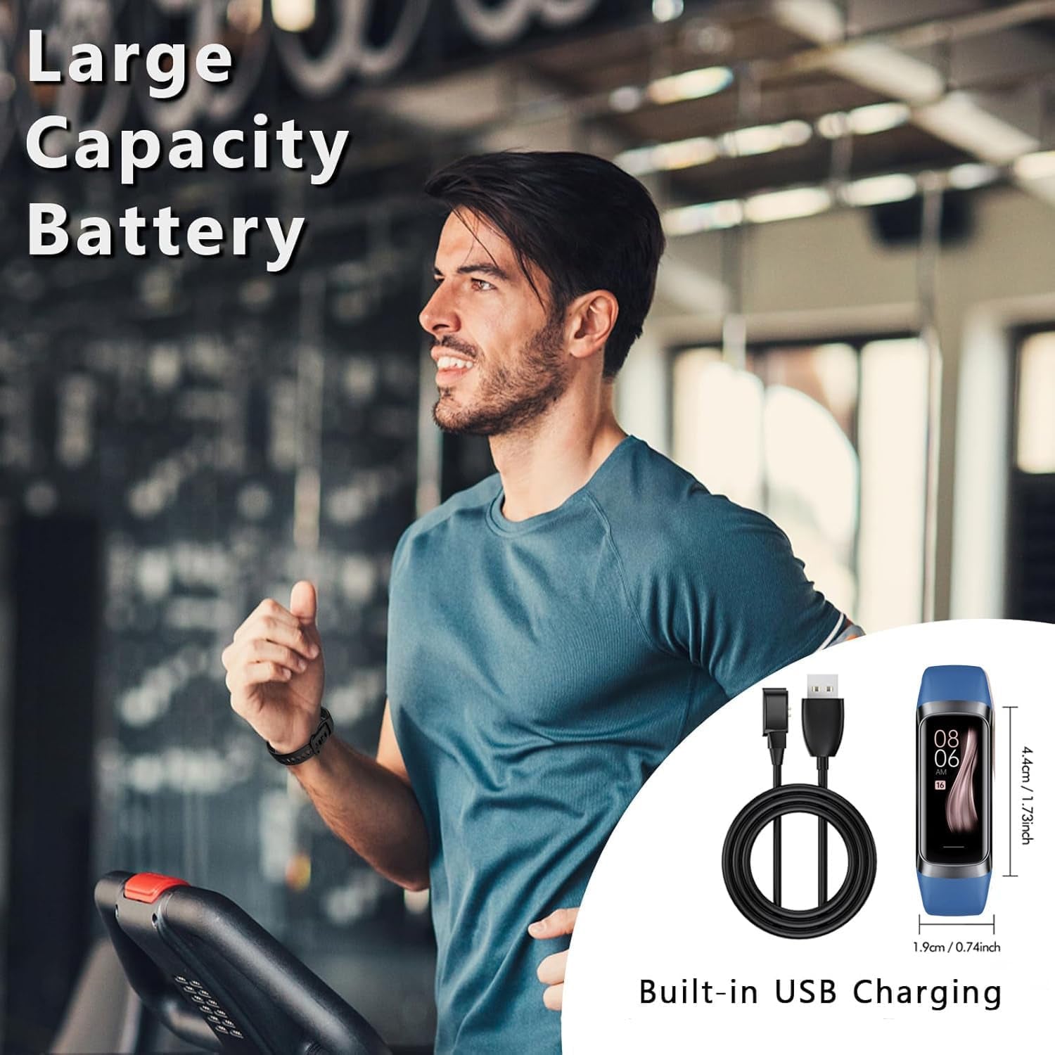 Fitness tracker with heart rate and blood pressure monitoring worn by man running on treadmill with USB charging cable