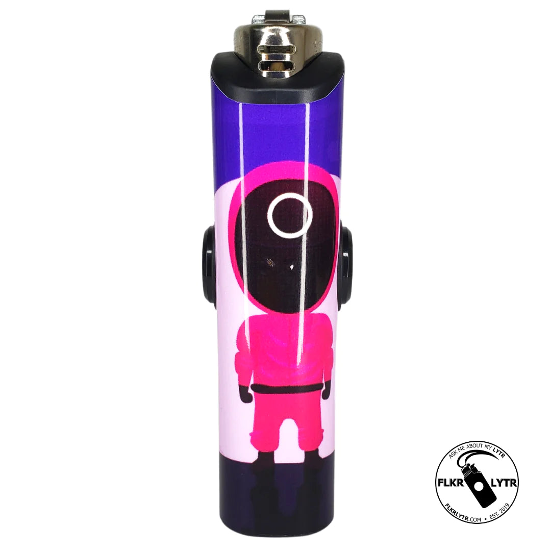 Limited edition squid game lighter featuring a character in pink suit with circle mask design