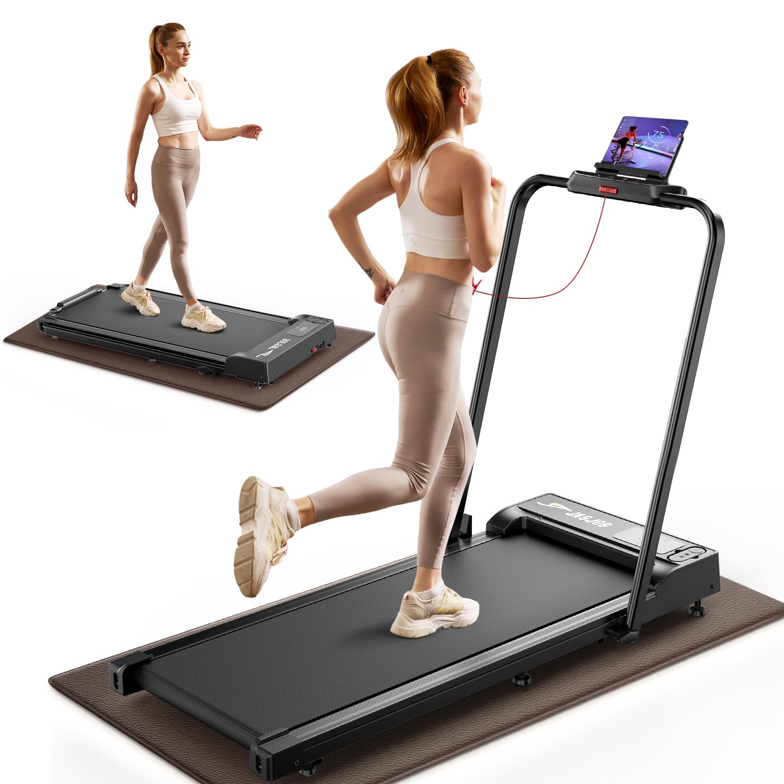 Craques foldable walking pad with handle bar showing woman walking and running using tablet holder