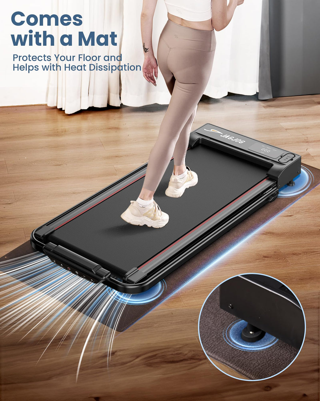 Foldable walking pad with handle bar by craques showing a person walking on a treadmill with floor protection mat