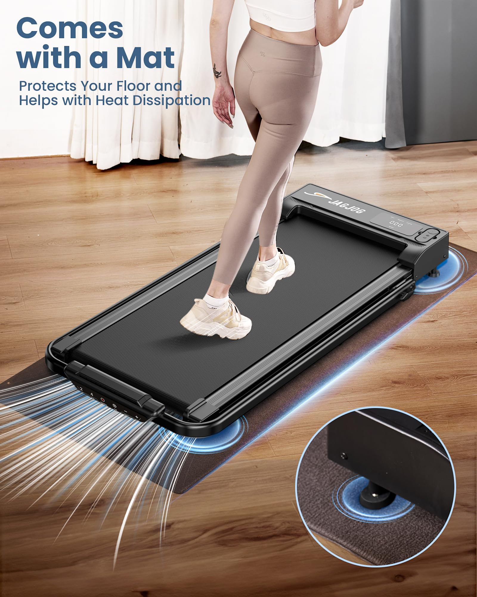 Foldable walking pad with handle bar from craques showing a woman walking and protective mat on wooden floor