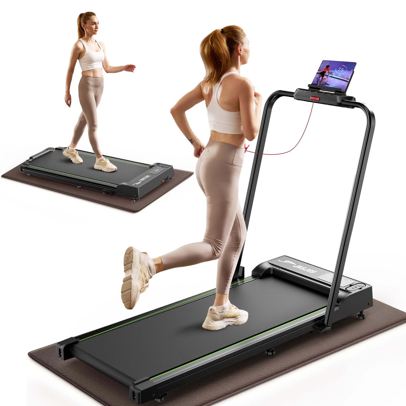 Foldable walking pad with handle bar by craques used by woman jogging and walking at home