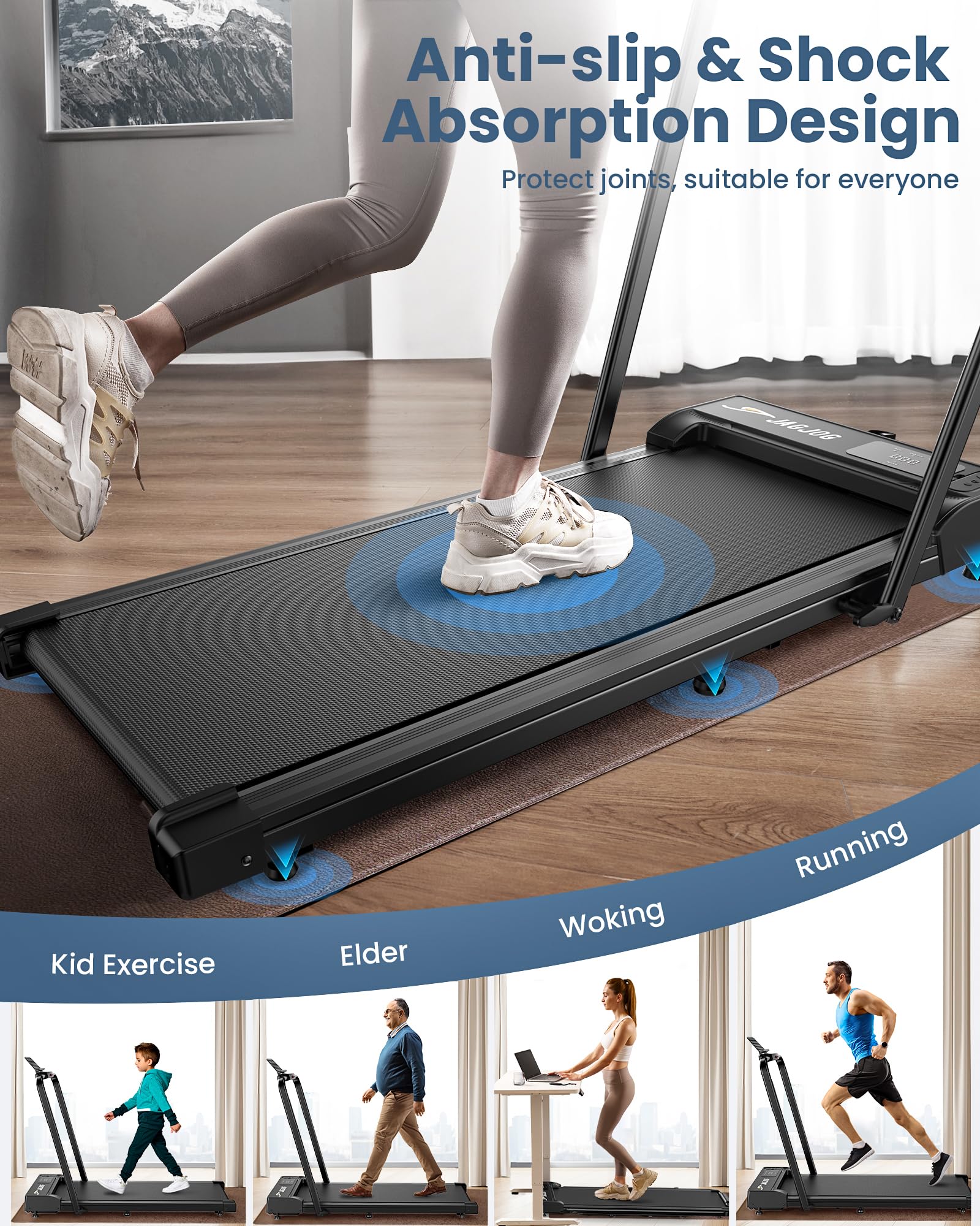 Foldable walking pad with handle bar featuring anti-slip and shock absorption design for safe indoor exercise
