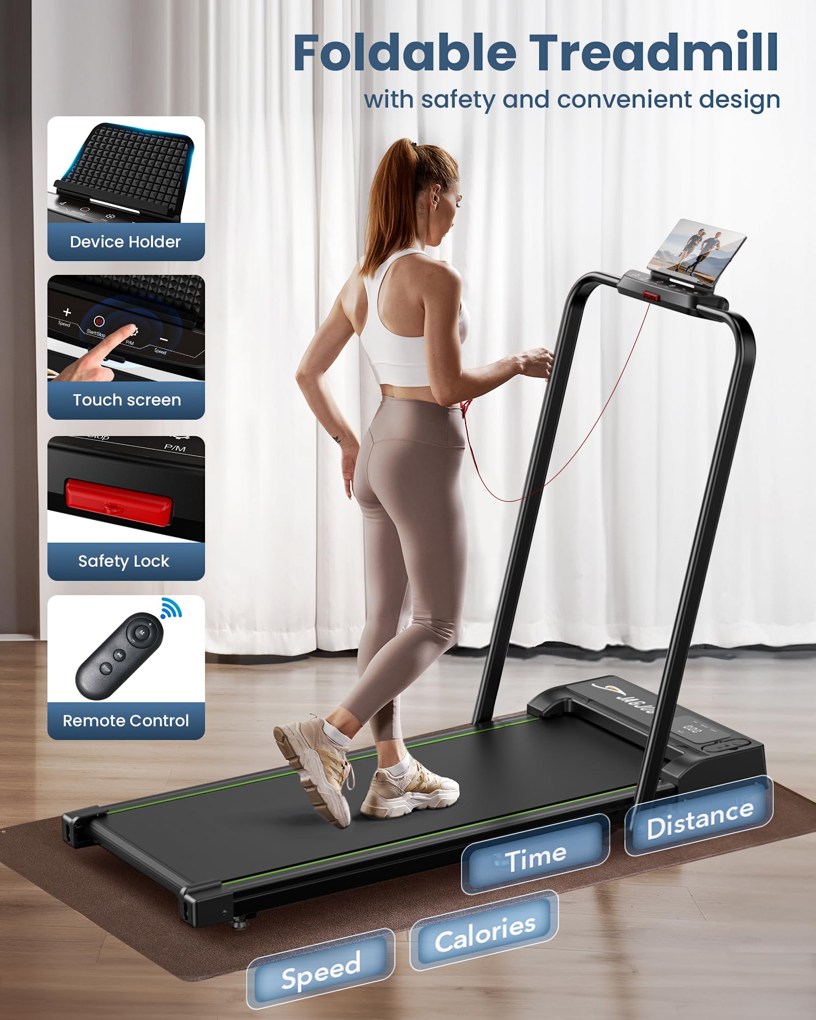Woman using foldable walking pad with handle bar and touchscreen controls in bright room