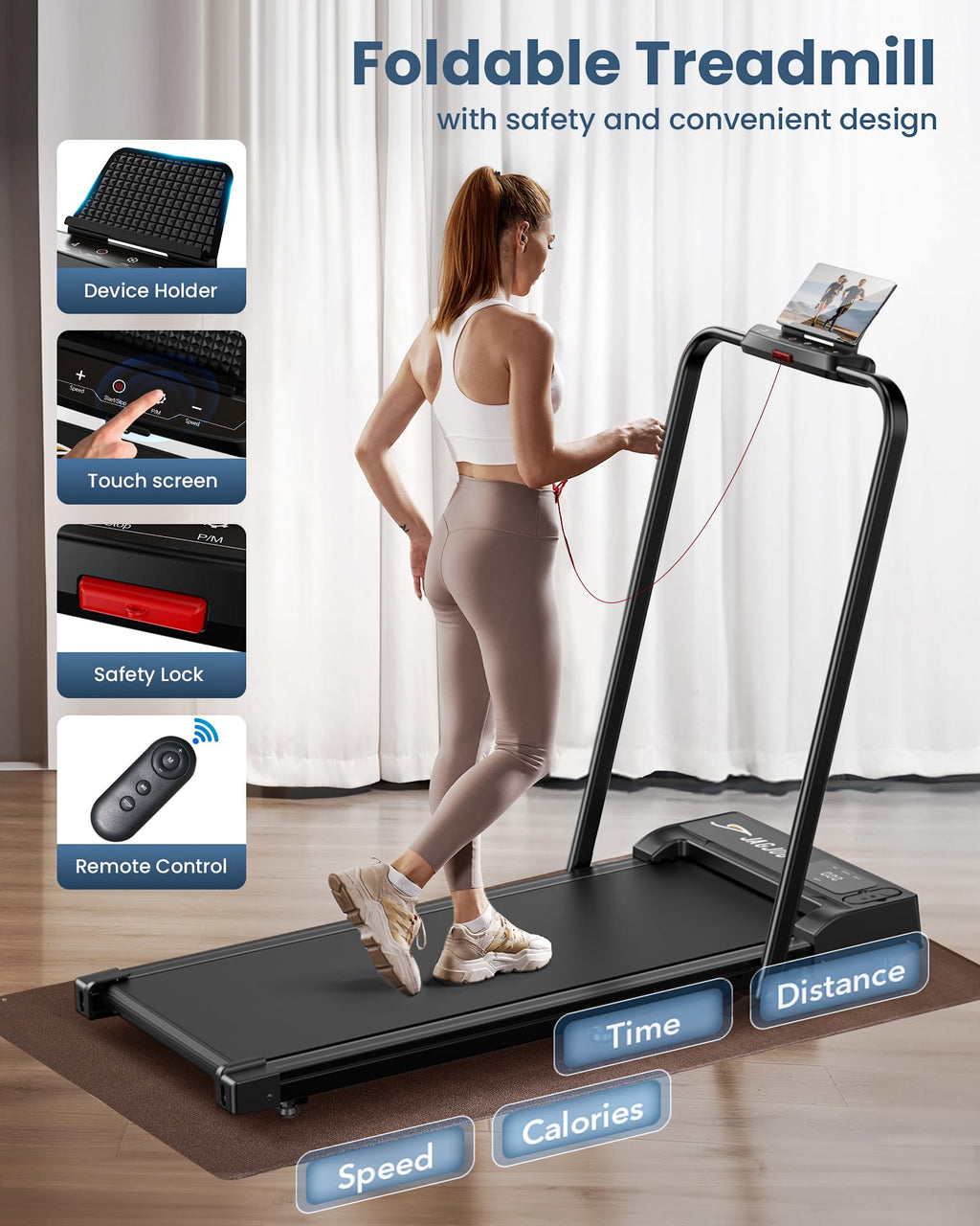 Woman using craques foldable walking pad with handle bar treadmill featuring touch screen and remote control