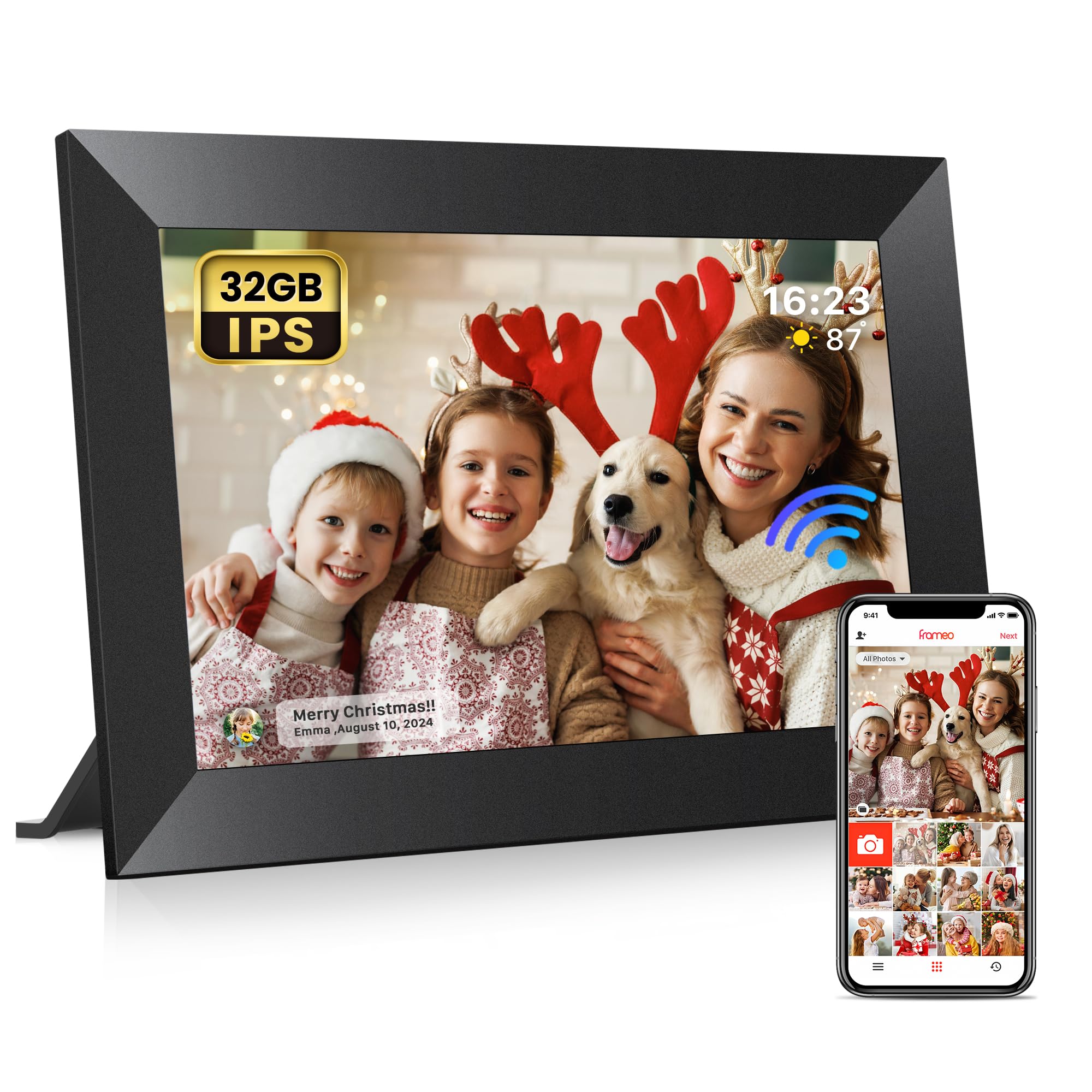 craques Frameo WiFi digital picture frame displaying a family holiday photo with a connected smartphone app