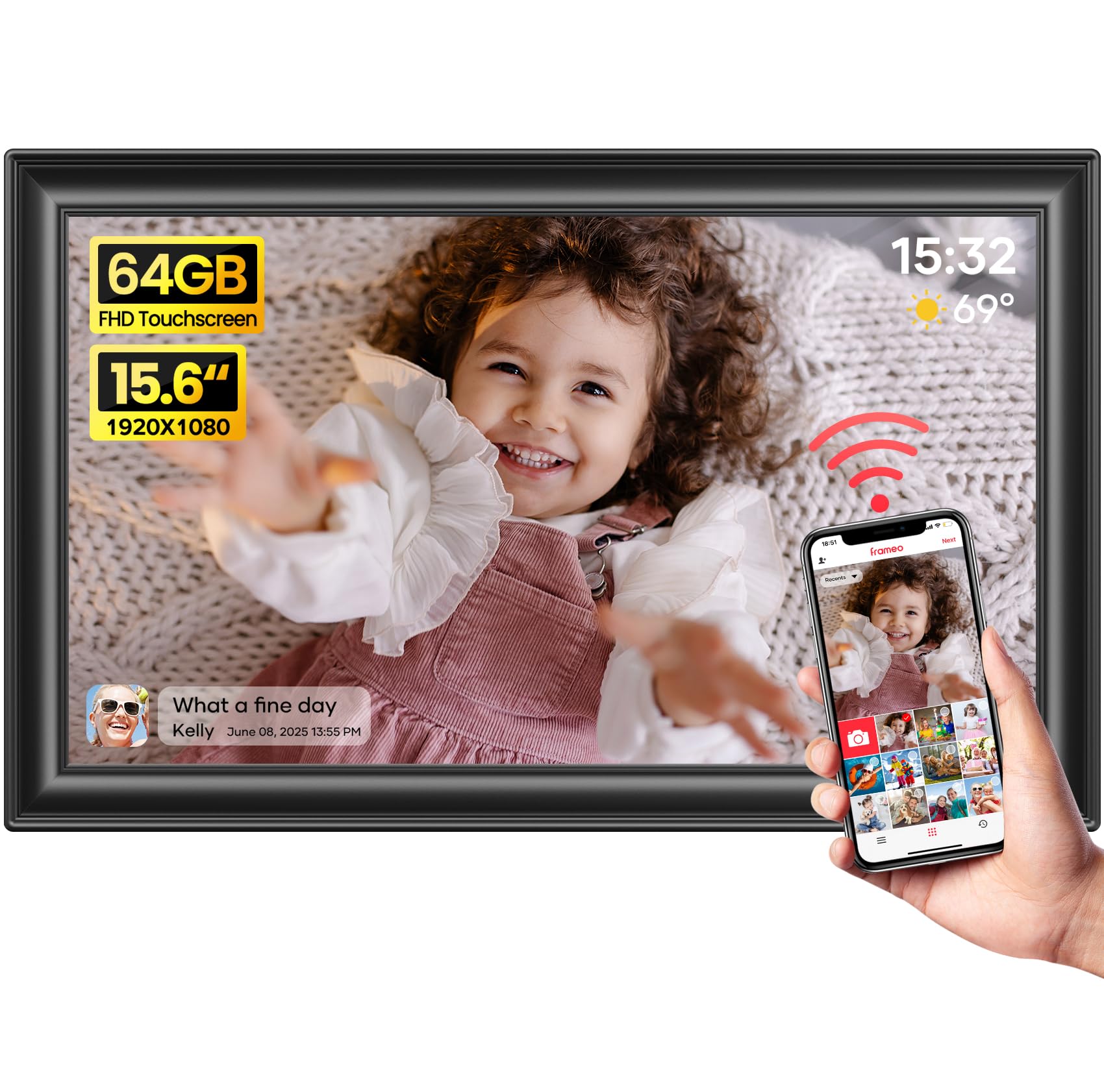 Craques Frameo WiFi digital picture frame 15.6 inch touchscreen displaying child photo with smartphone control