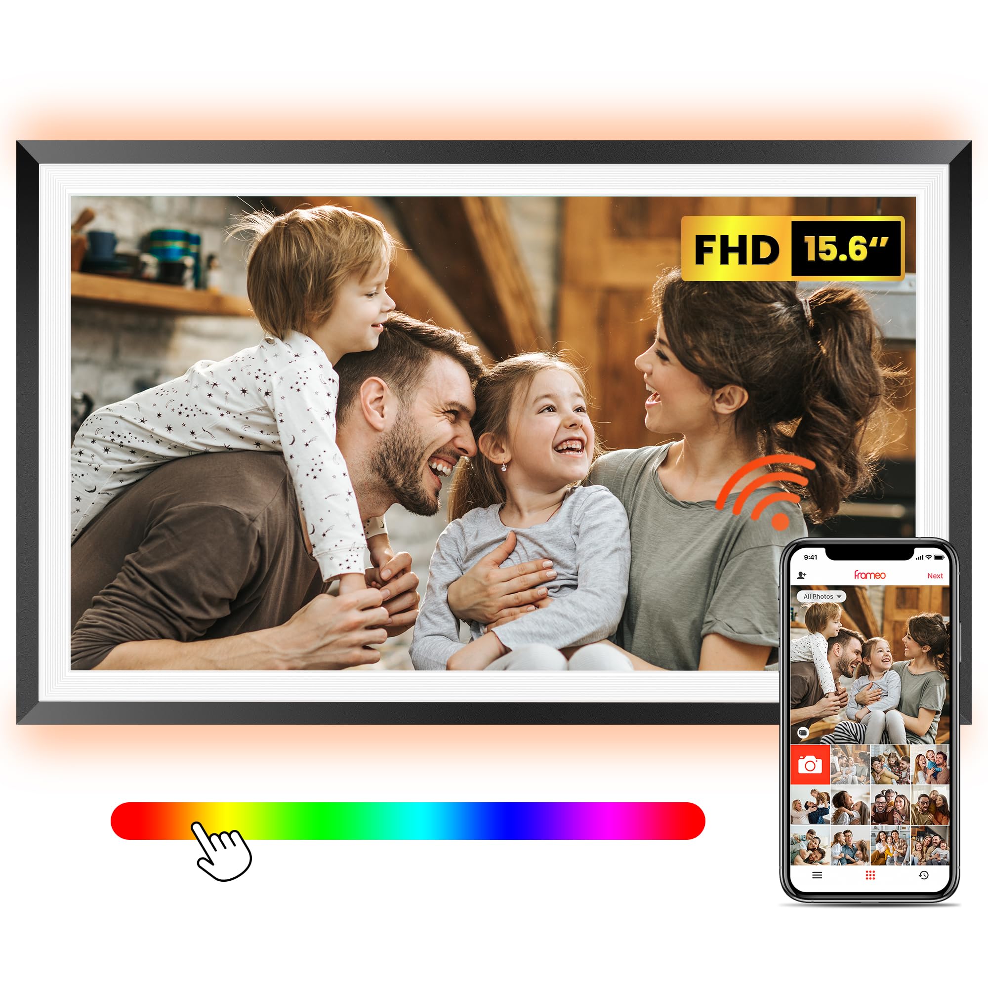 Frameo WiFi digital picture frame 15.6 inch FHD displaying family photo with smartphone app control