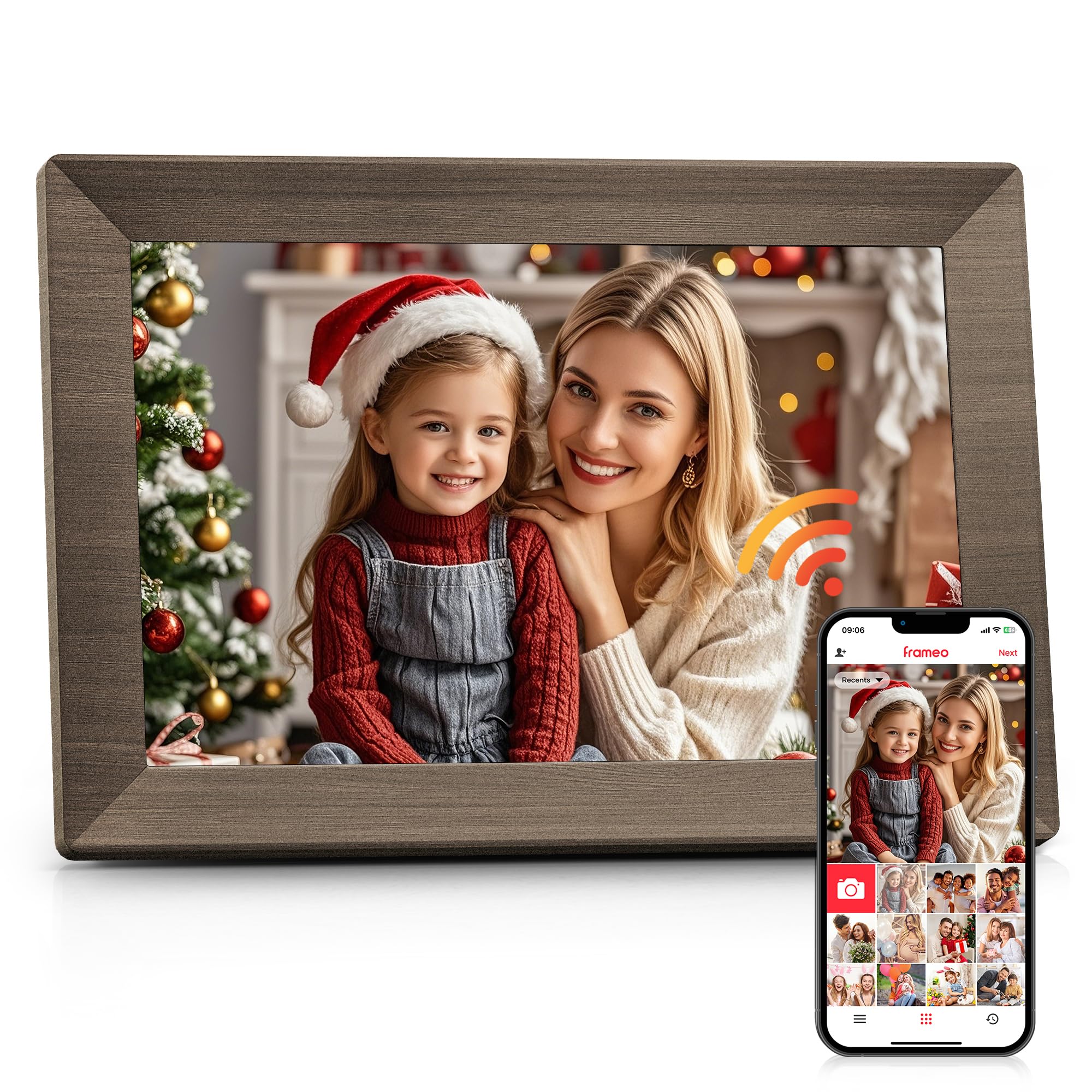 Craques Frameo WiFi digital picture frame displaying holiday photo of mother and child with smartphone app