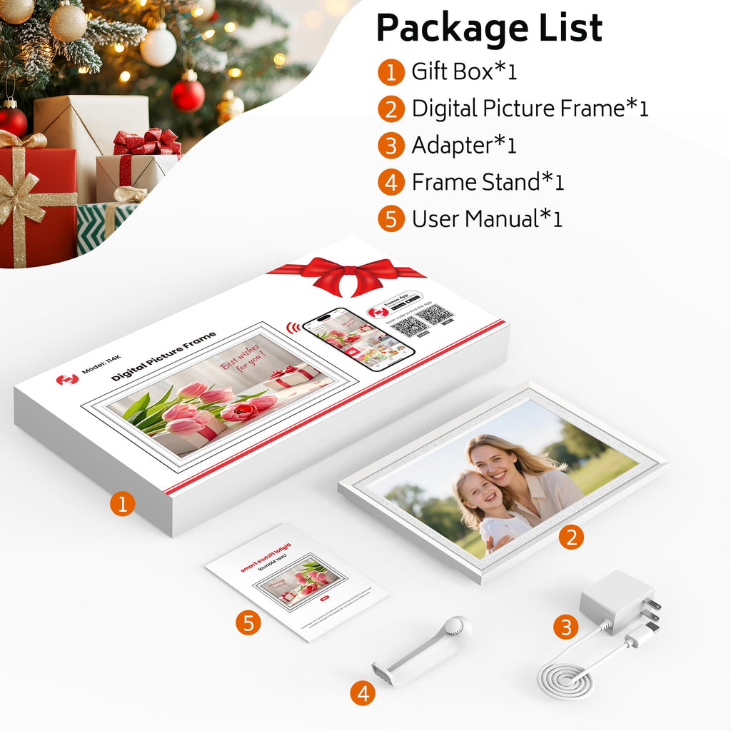 Frameo WiFi digital picture frame package contents including gift box, digital frame, adapter, stand, and user manual