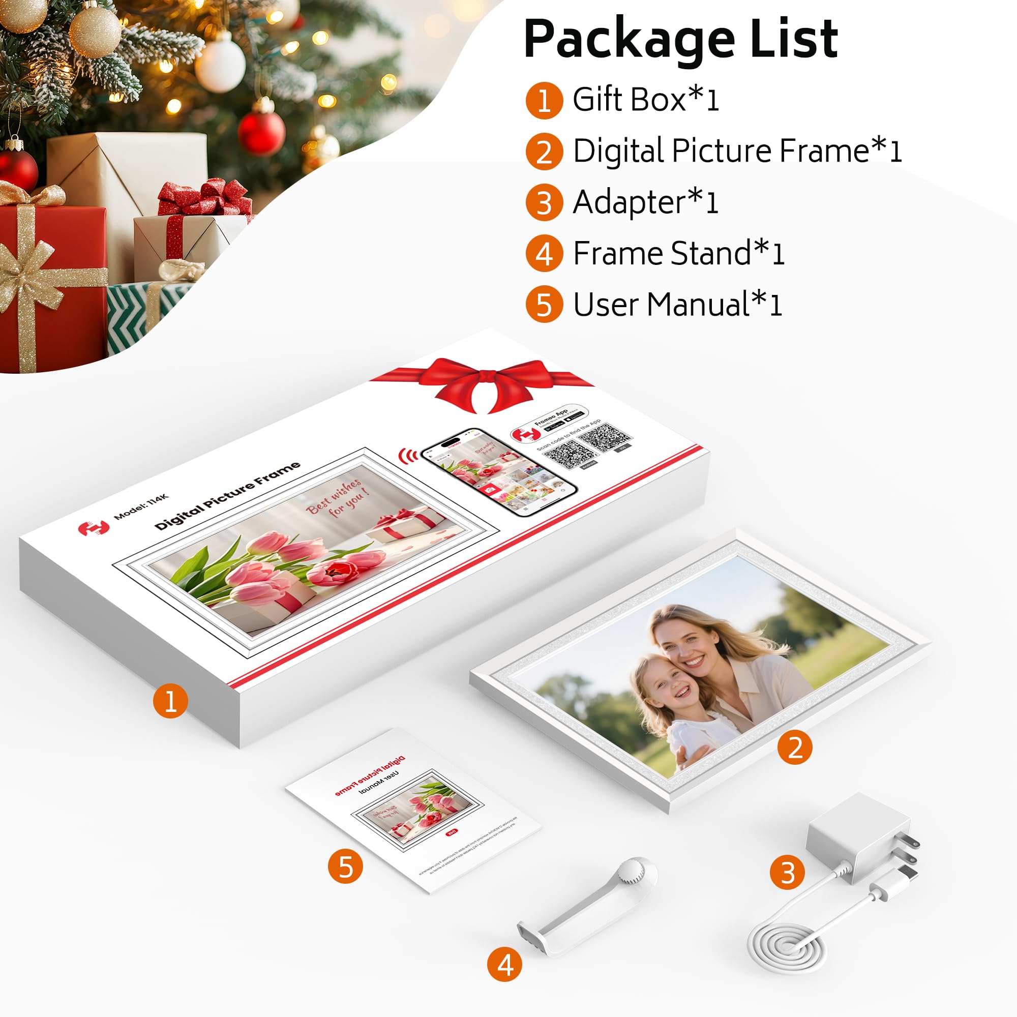 Frameo WiFi digital picture frame package contents including gift box, digital frame, adapter, stand, and user manual