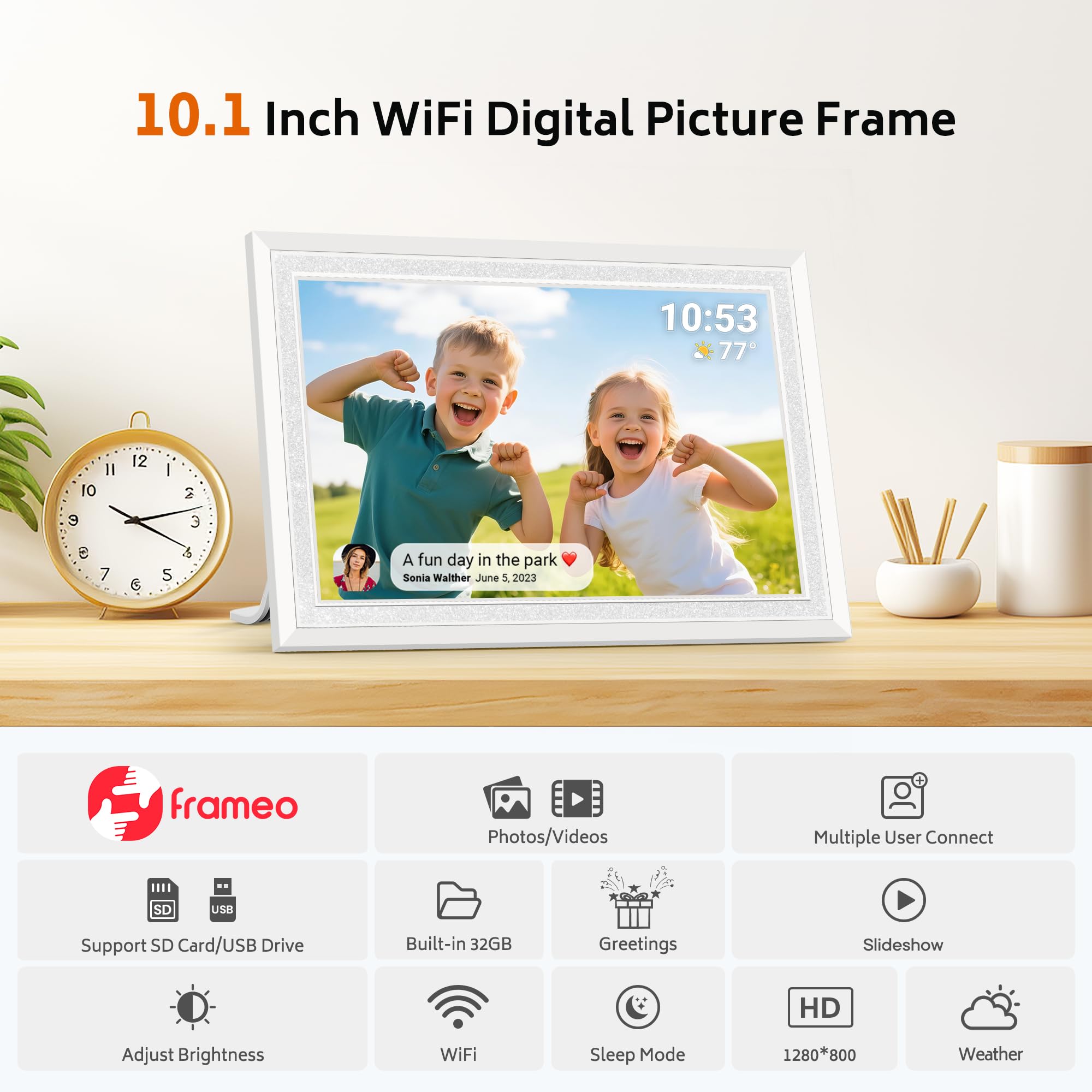 Craques Frameo WiFi digital picture frame 10.1 inch showing photo with weather and time display on wooden table