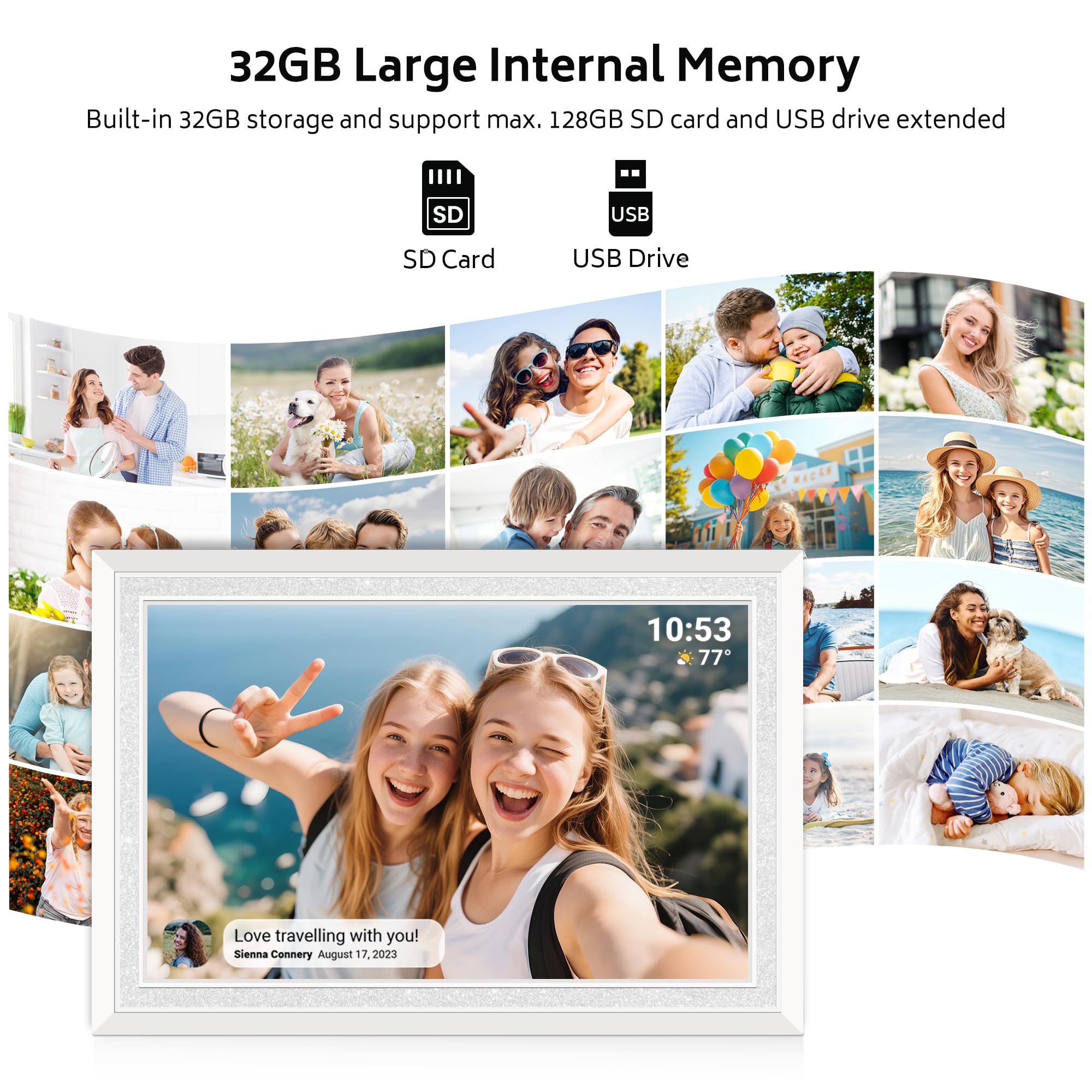 Craques Frameo WiFi digital picture frame with 32GB memory displaying family photos in white frame