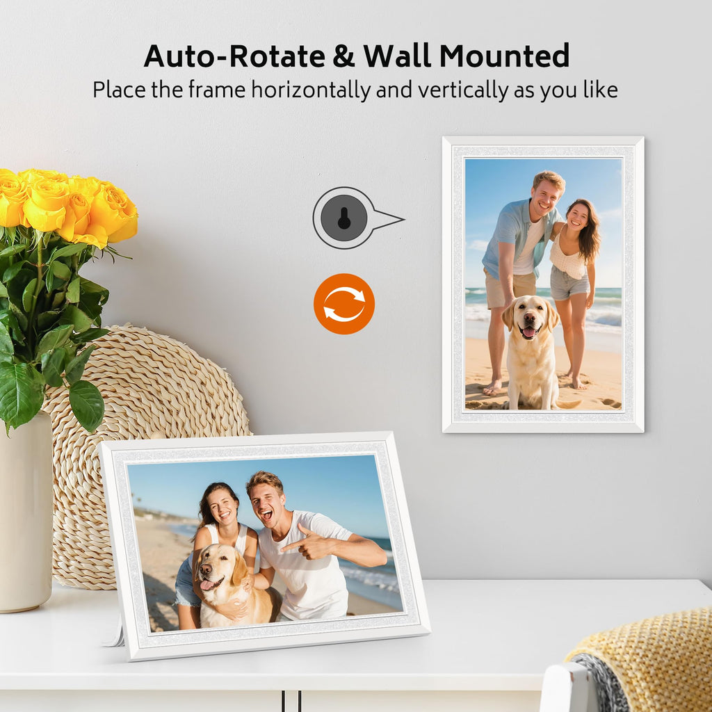 Craques Frameo WiFi digital picture frame shown auto-rotating and wall mounted displaying beach photos