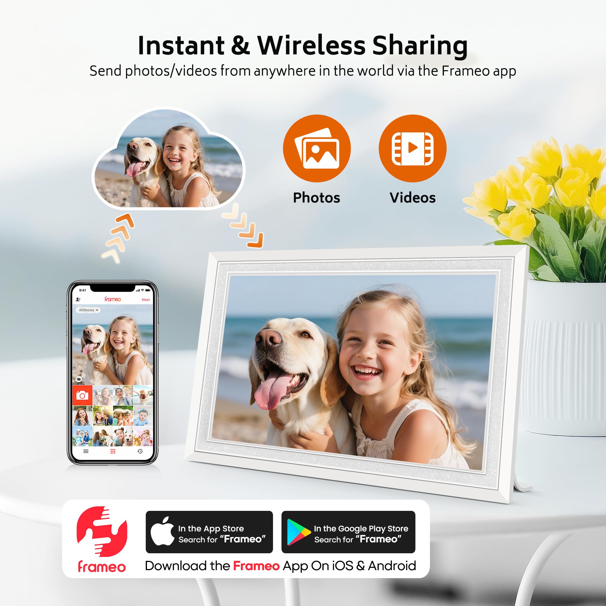 Frameo WiFi digital picture frame showing a girl and dog photo with app for instant wireless sharing