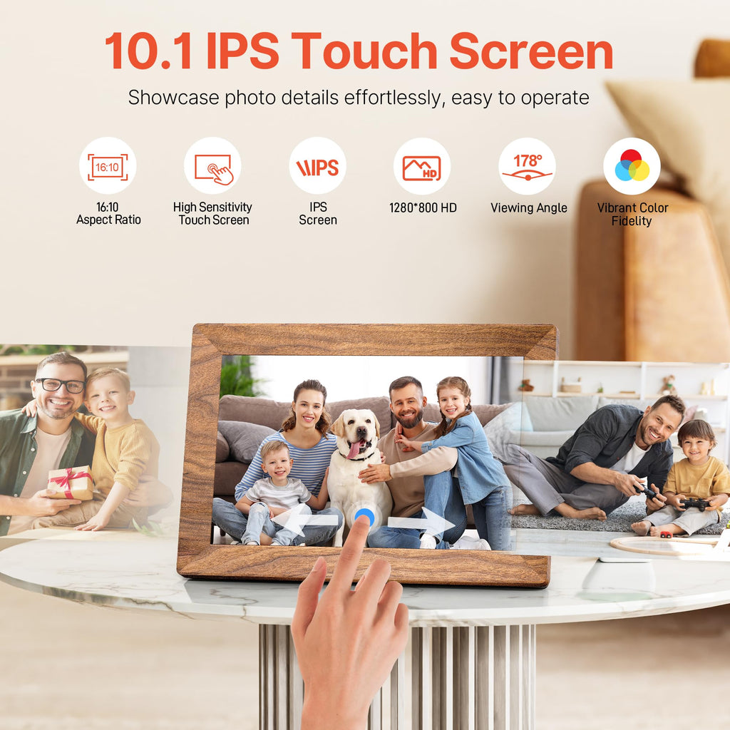 Frameo WiFi digital picture frame with 10.1 inch IPS touch screen showing family photos and wood finish