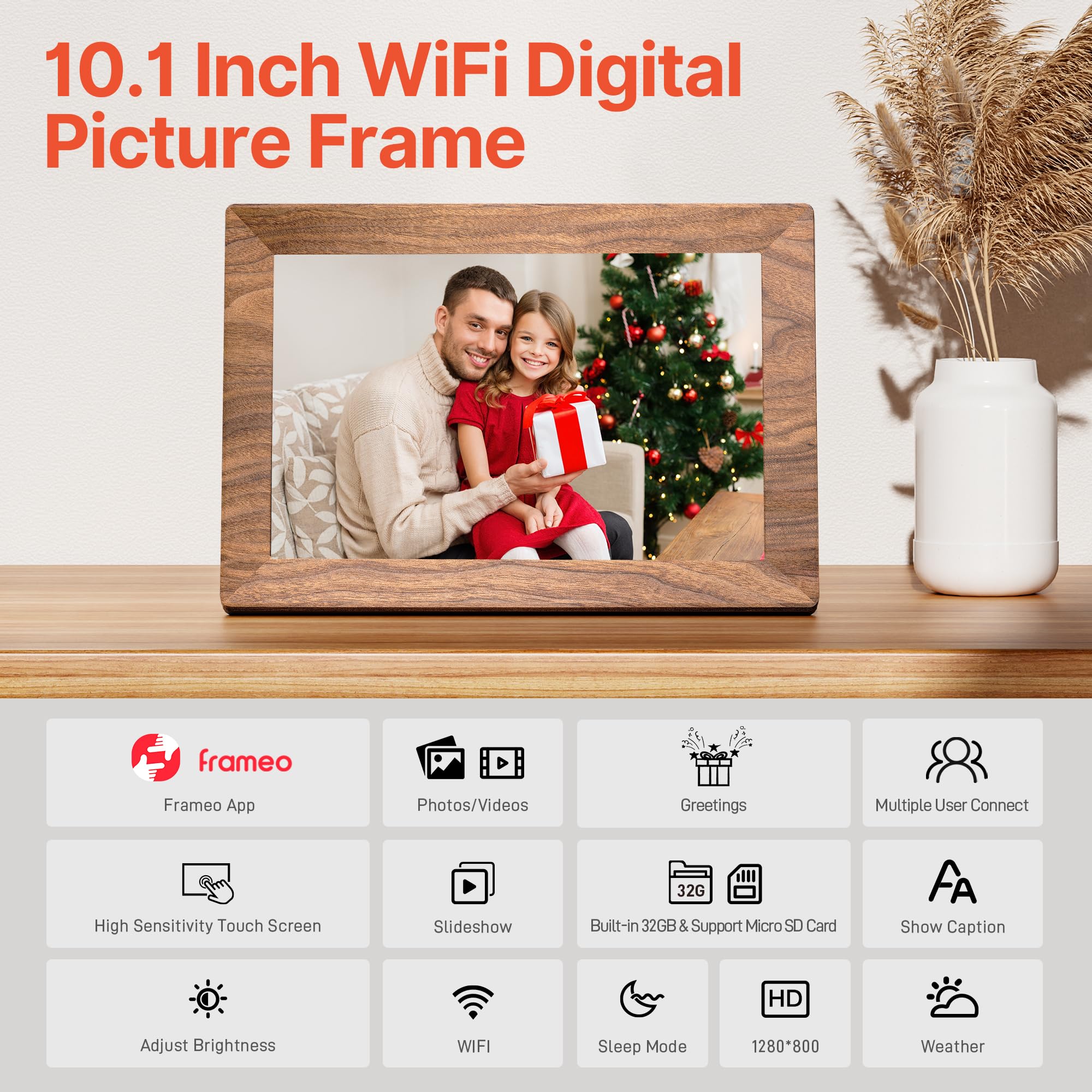 Frameo WiFi digital picture frame 10.1 inch wood finish displaying family photo with app and WiFi features