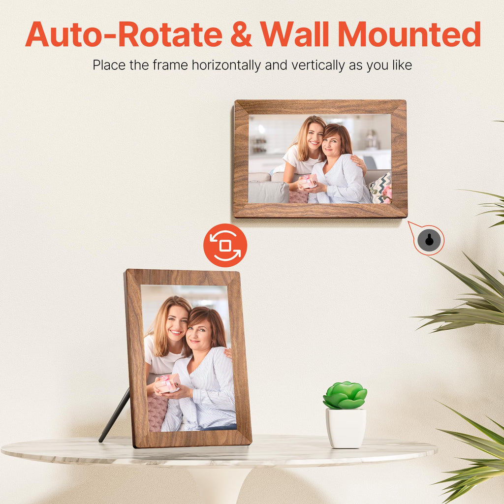 Frameo WiFi digital picture frame with auto-rotate feature displaying family photos horizontal and vertical