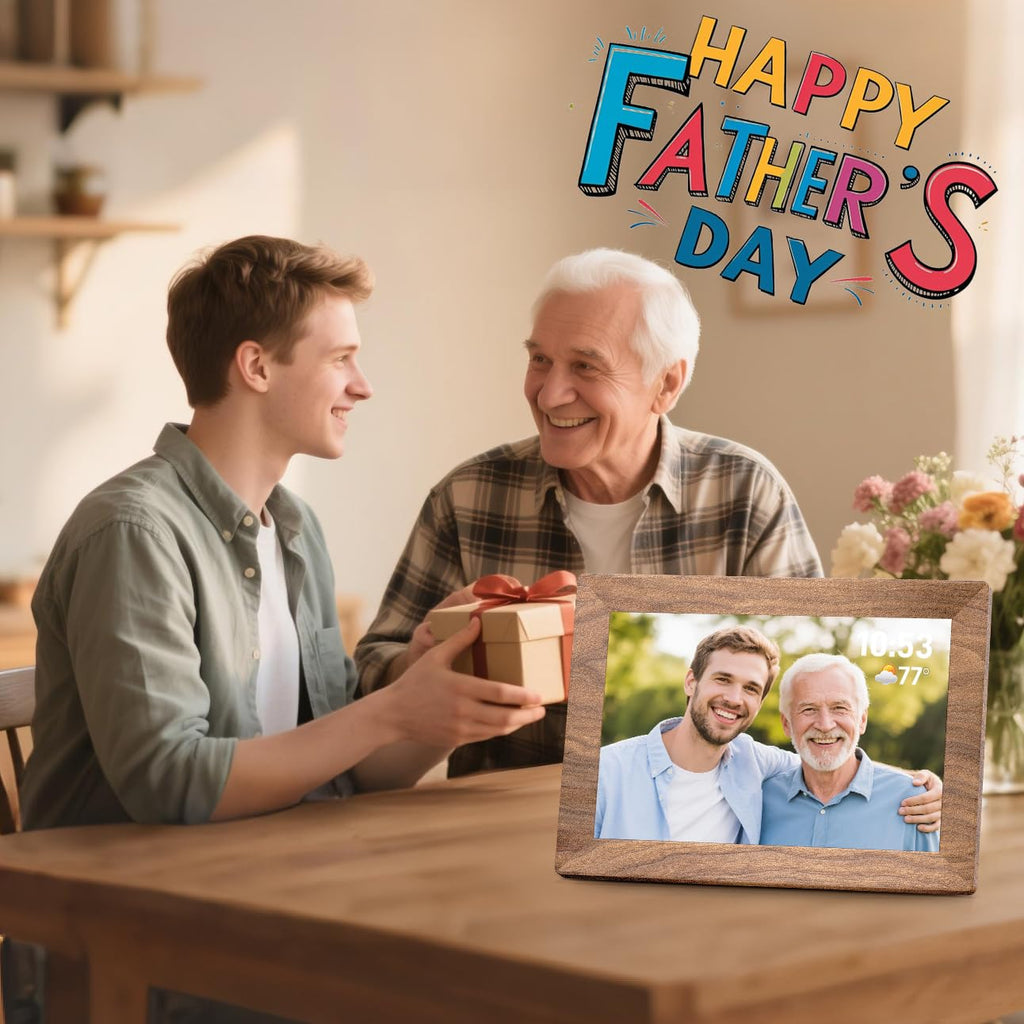 Frameo WiFi digital picture frame displaying a photo of father and son near father receiving a gift on Happy Father's Day