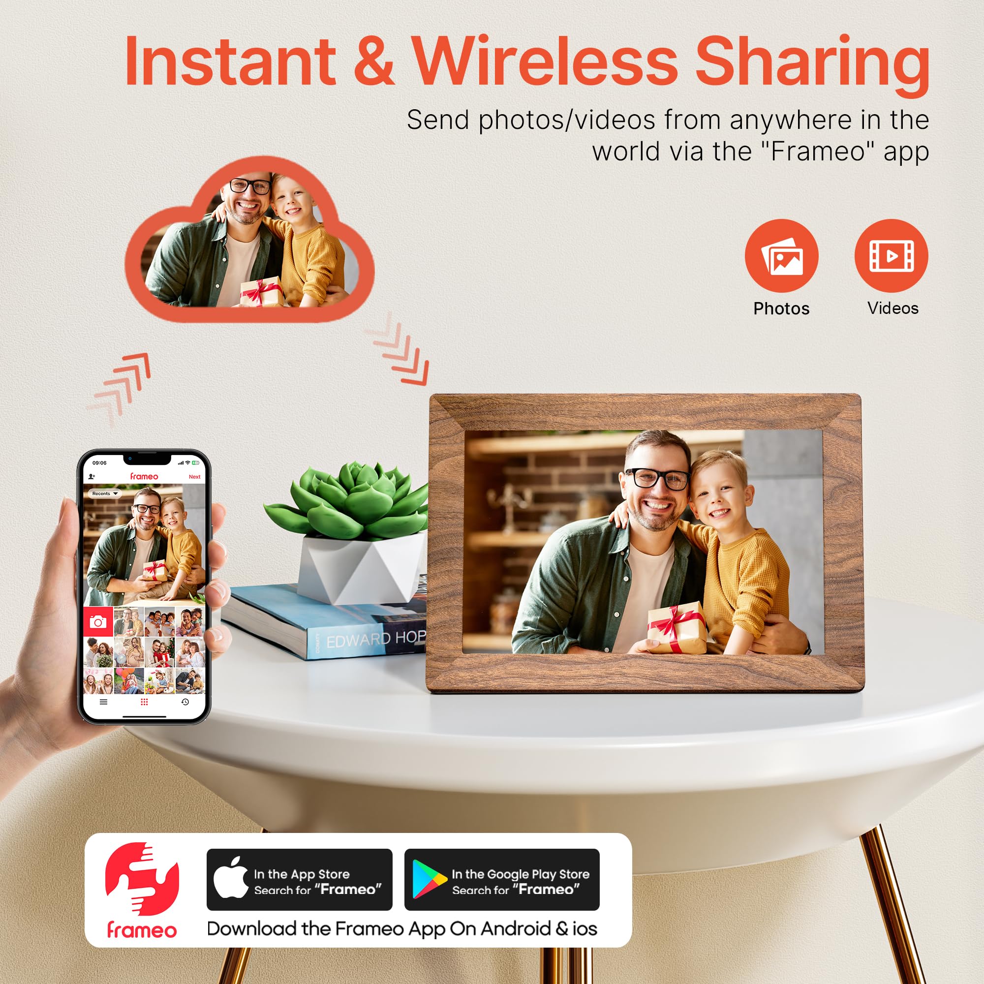 Frameo WiFi digital picture frame displaying a photo with app-controlled instant and wireless sharing