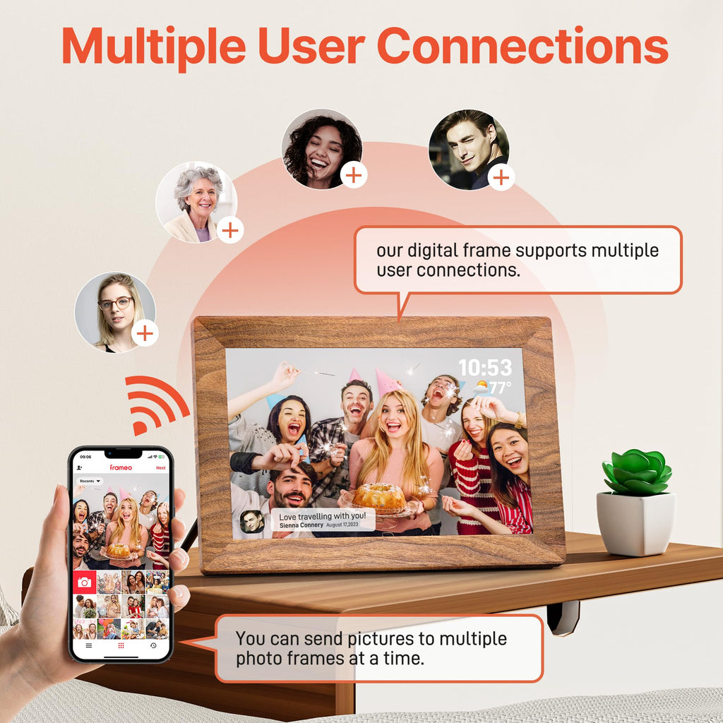 Frameo WiFi digital picture frame with wooden design showing multiple user photo connections via smartphone app