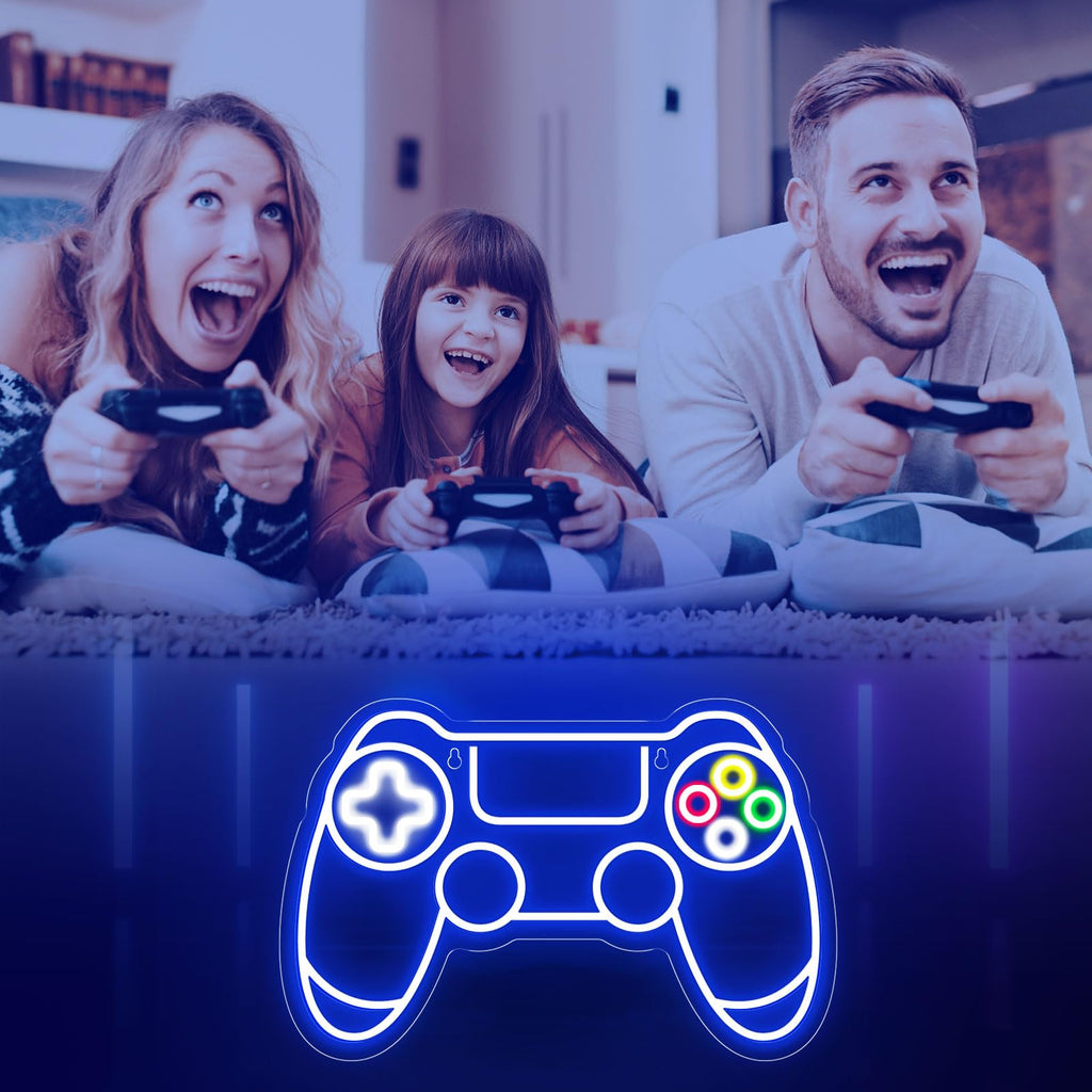 Family playing video games with a glowing gamer neon sign shaped like a game controller