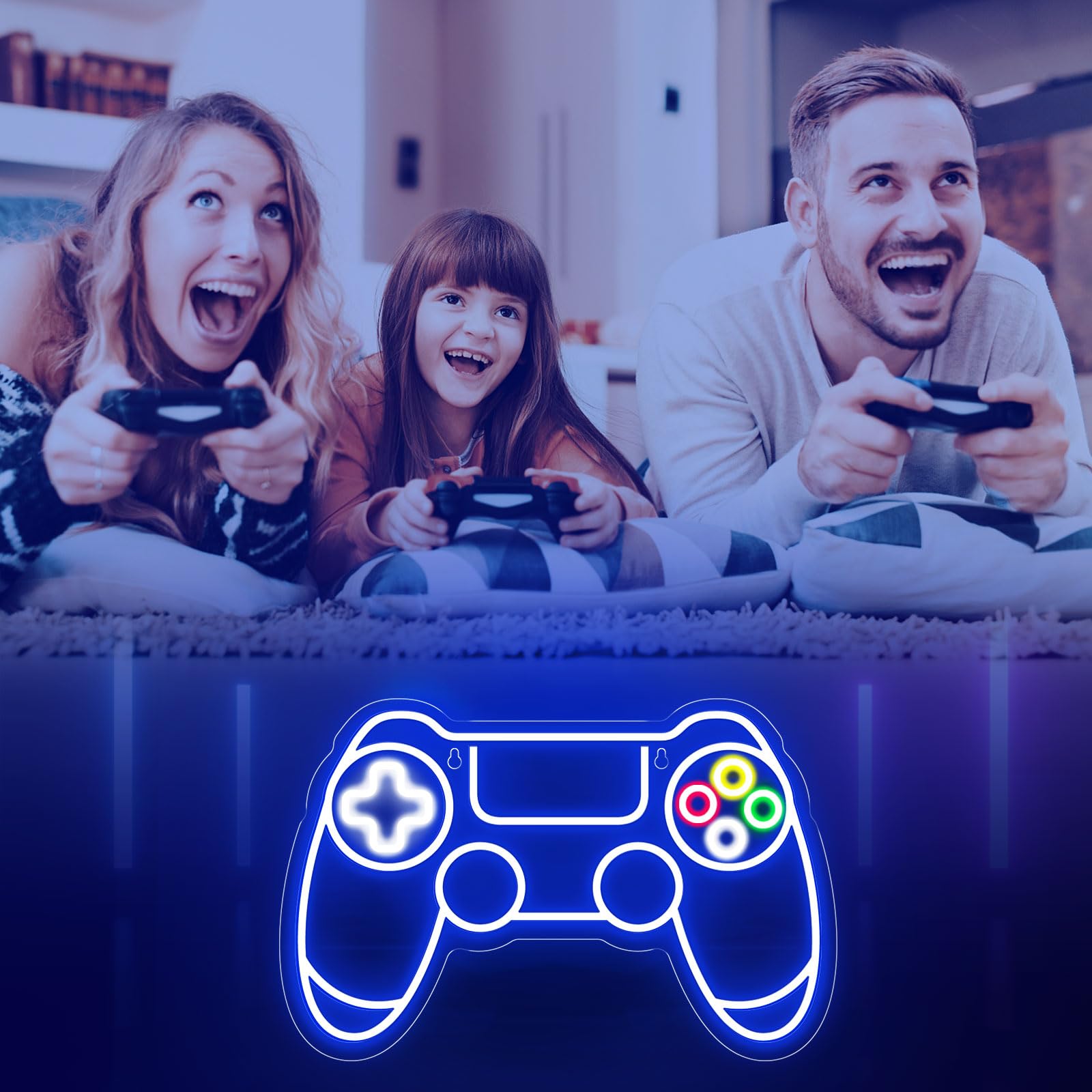 Family playing video games with a glowing gamer neon sign shaped like a game controller