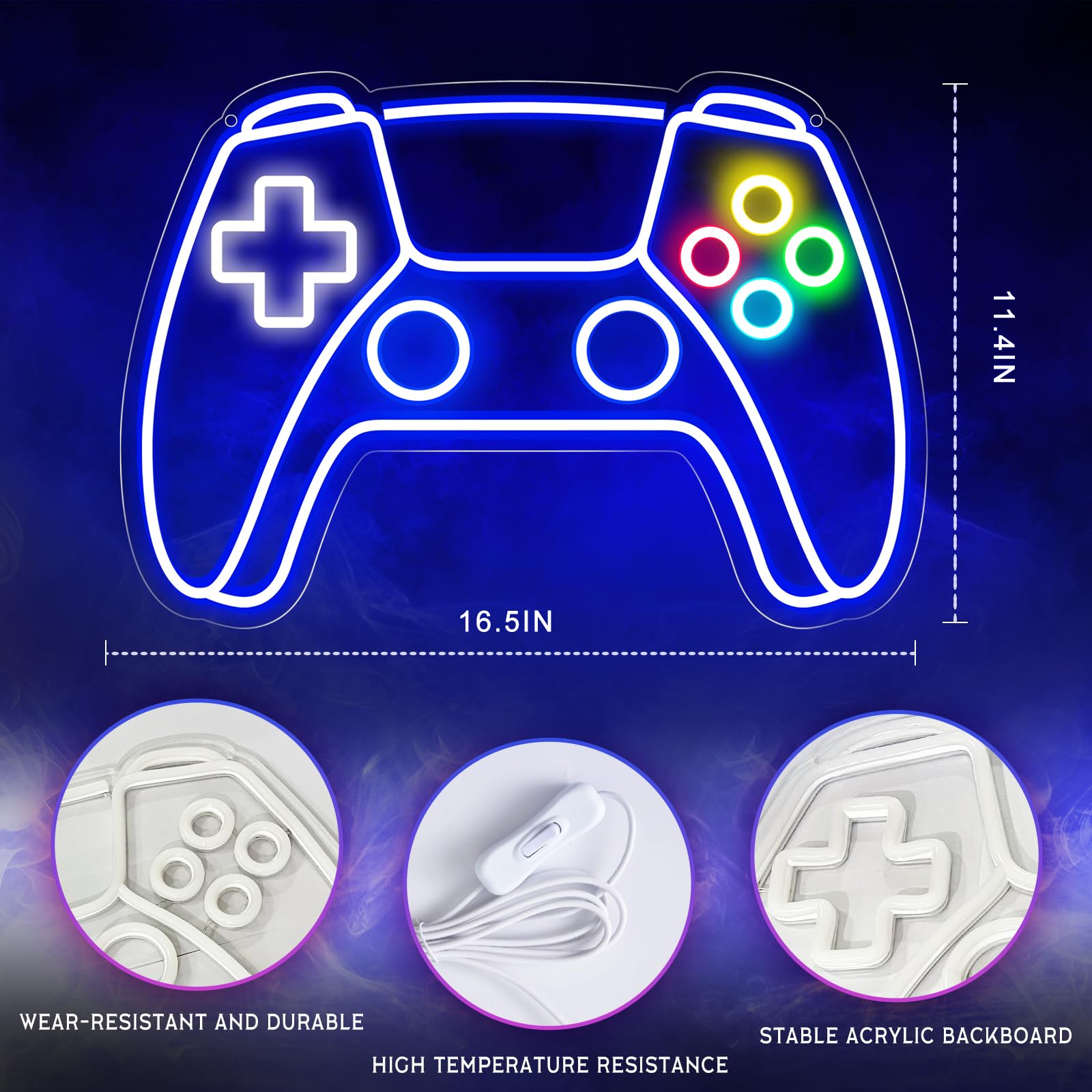 Gamer neon sign shaped like a blue video game controller with colorful buttons and acrylic backboard