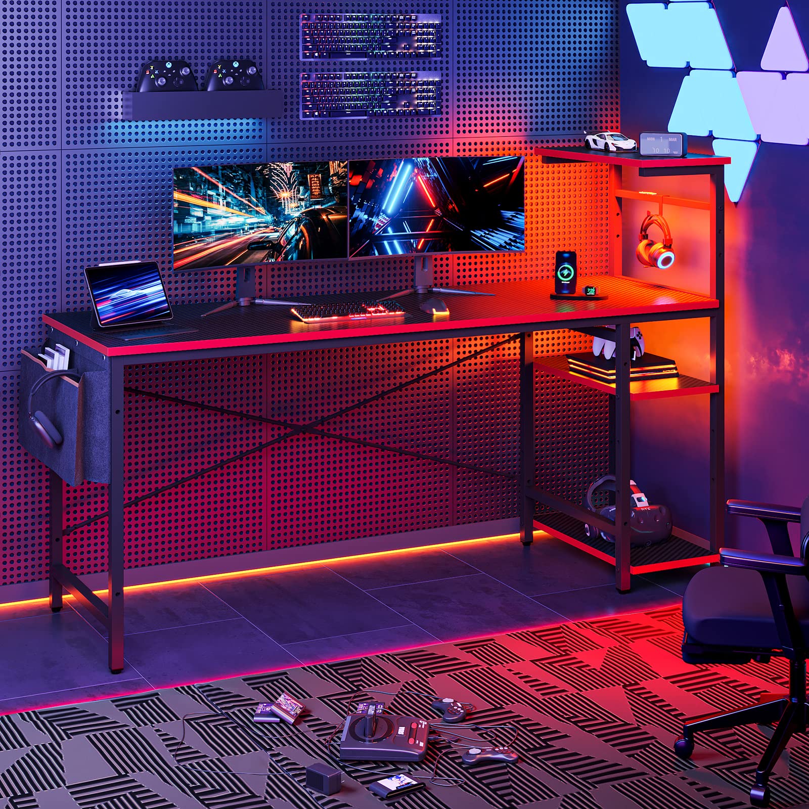 Craques 61 inch gaming desk with power outlets in black with RGB lighting and dual monitor setup
