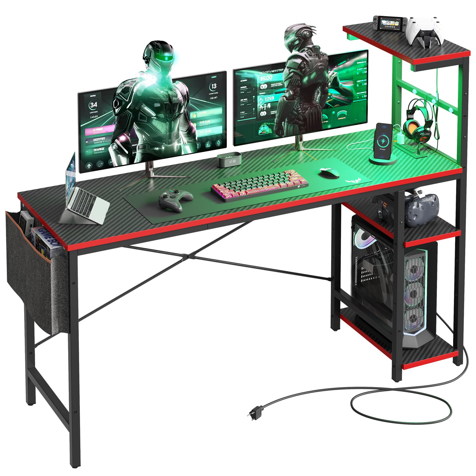 61 inch gaming desk with power outlets by craques featuring dual monitors, keyboard, controllers, and storage shelves