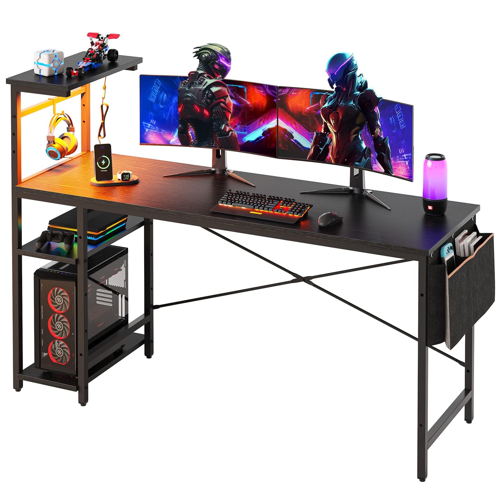 Craques 61 inch gaming desk with power outlets featuring dual monitors and storage shelves